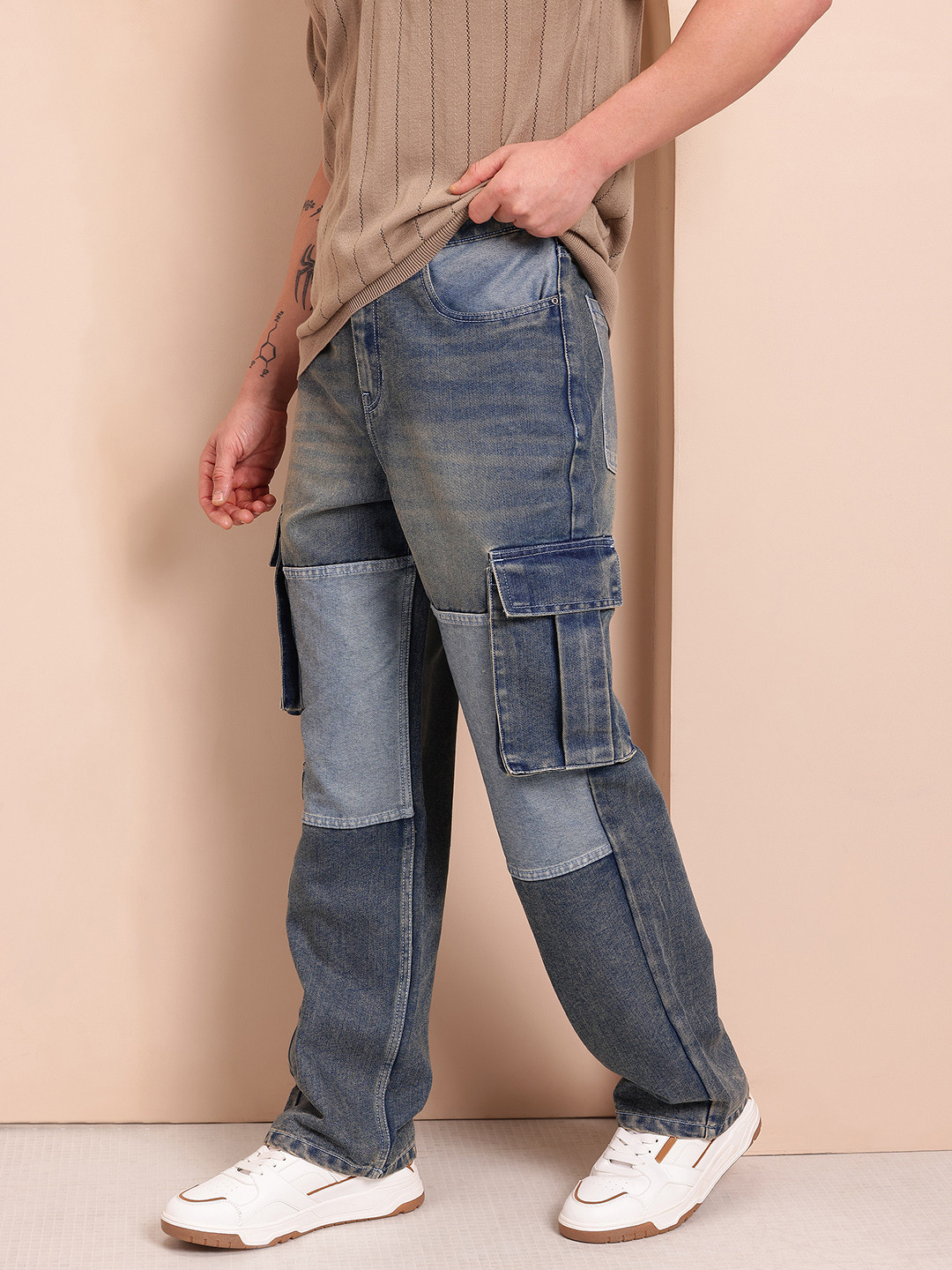 Mast & Harbour Men Relaxed Fit Contrast Panel Light Fade Cargo Style Jeans