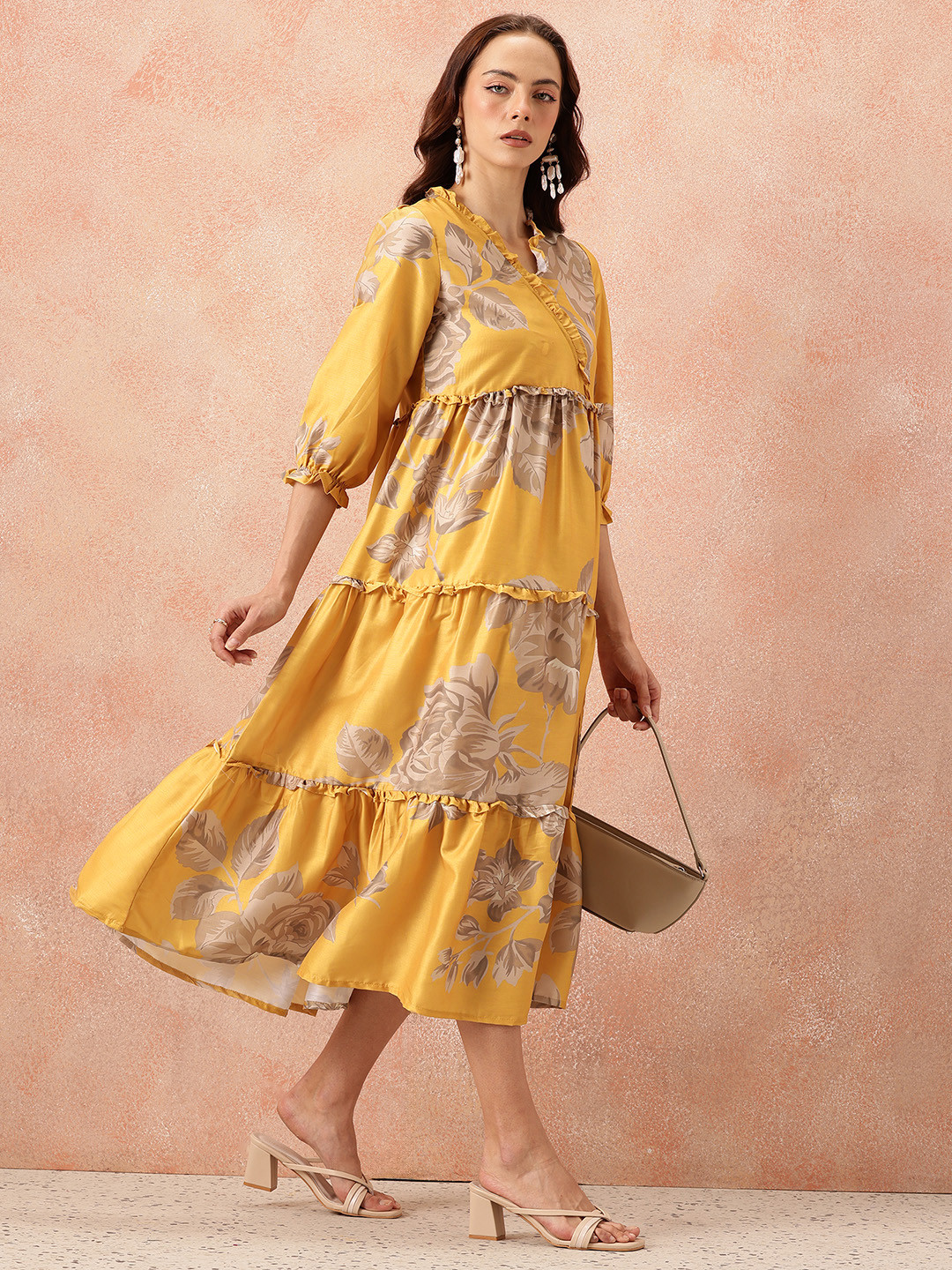 all about you Floral Printed Ruffled Detail Tiered Wrap-Style Midi Fit & Flare Dress