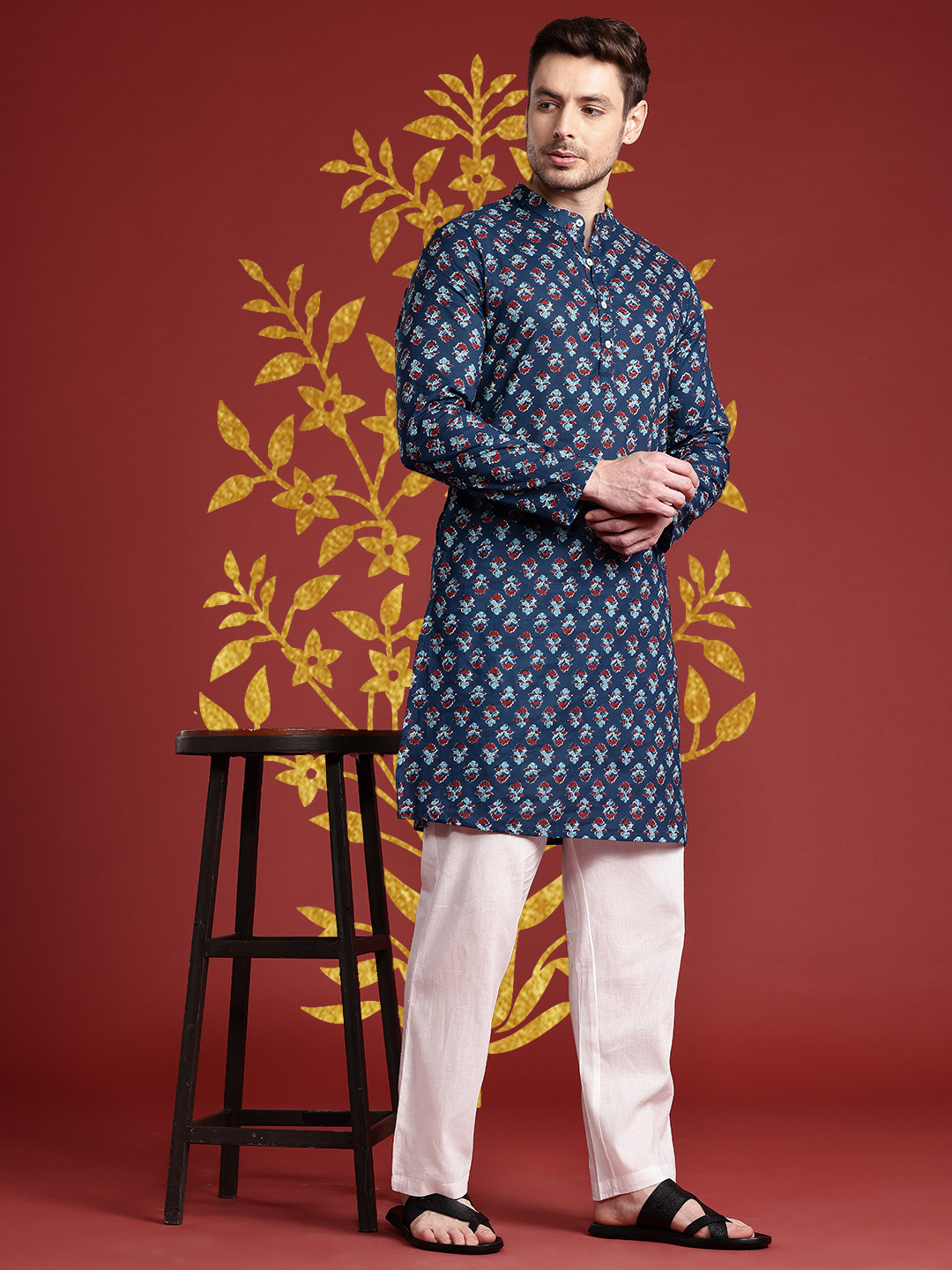 Anouk Band Collar Indie Floral Printed Pure Cotton Kurta