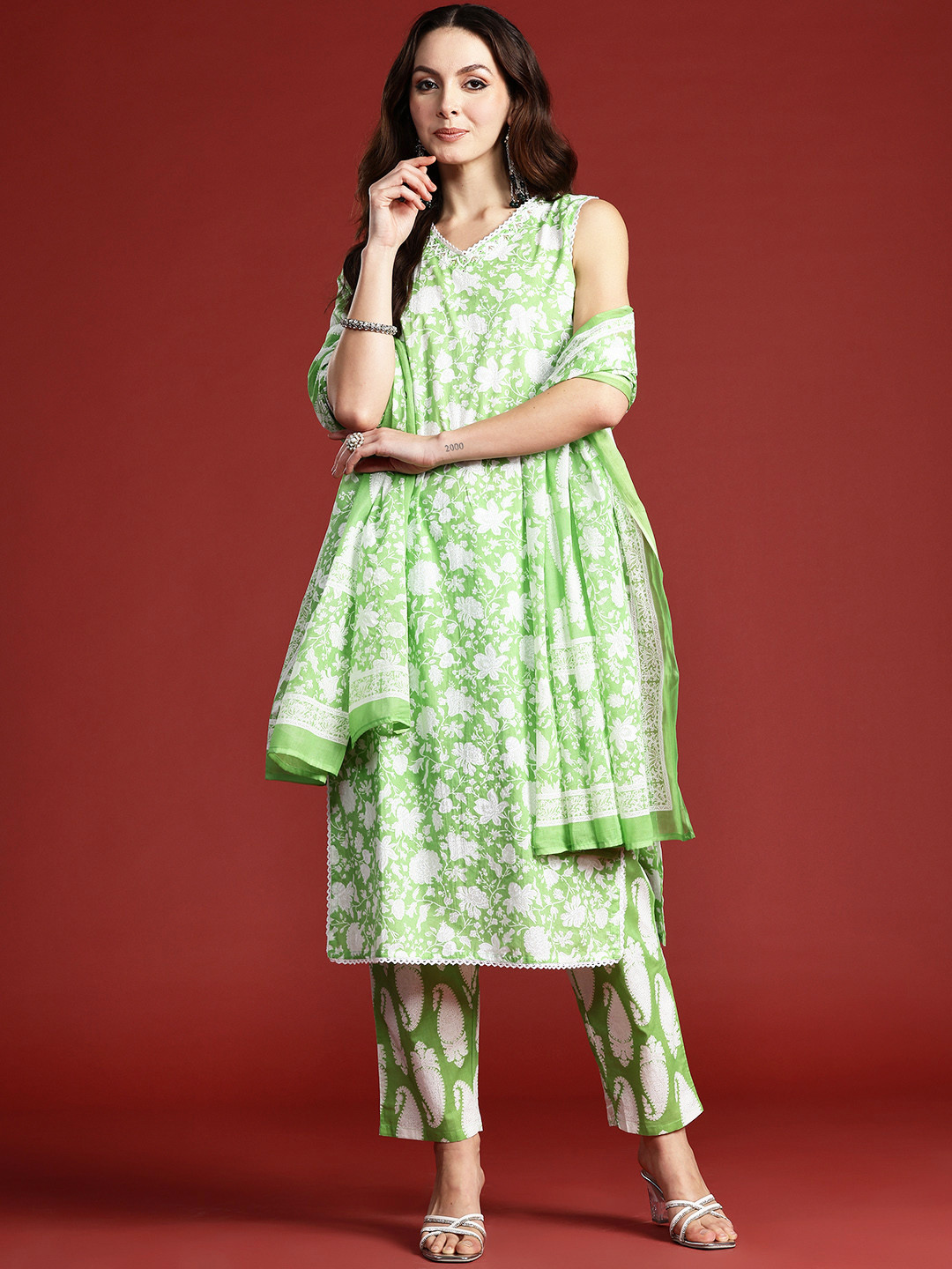 Indo Era Paisley Printed Sequinned Pure Cotton Kurta with Trousers & With Dupatta