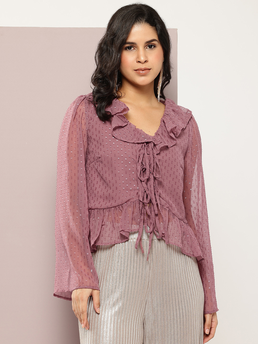 aaliya Tie-Up Neck Flared Sleeve Ruffles Georgette Peplum Crop Top