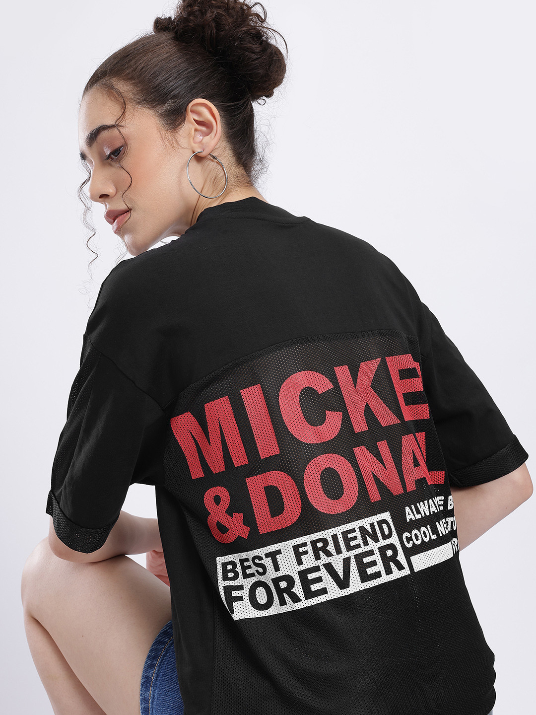 glitchez Mickey & Donald Typography Print Drop-Sleeves Oversized T-shirt with Mesh Inserts