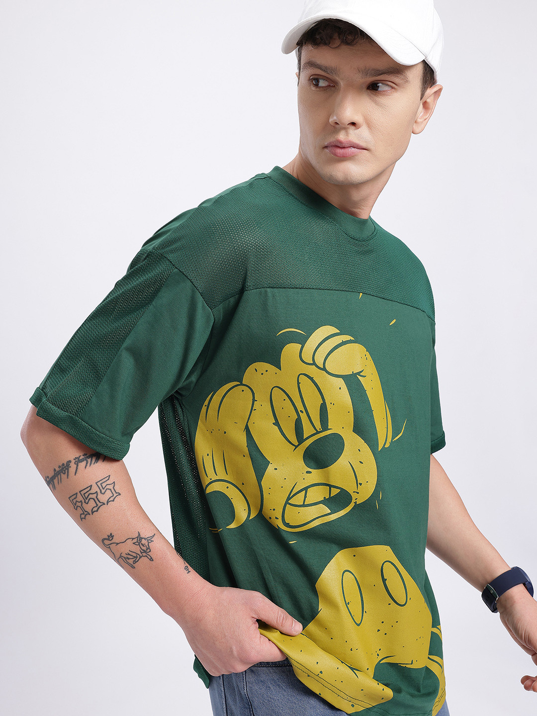 glitchez Mickey Mouse Printed Mesh Detail Oversized T-shirt