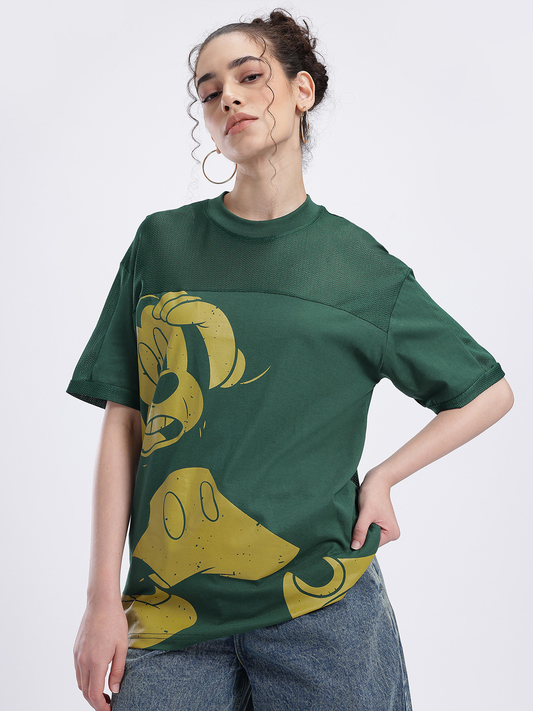 glitchez Mickey Mouse Print Drop-Sleeves Pure Cotton Oversized T-shirt with Mesh Inserts