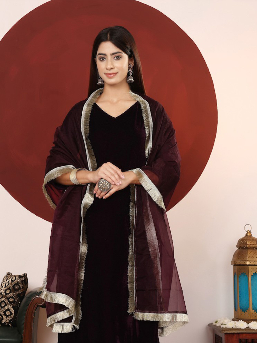 Varanga V-Neck Velvet Straight Kurta With Trousers And Dupatta