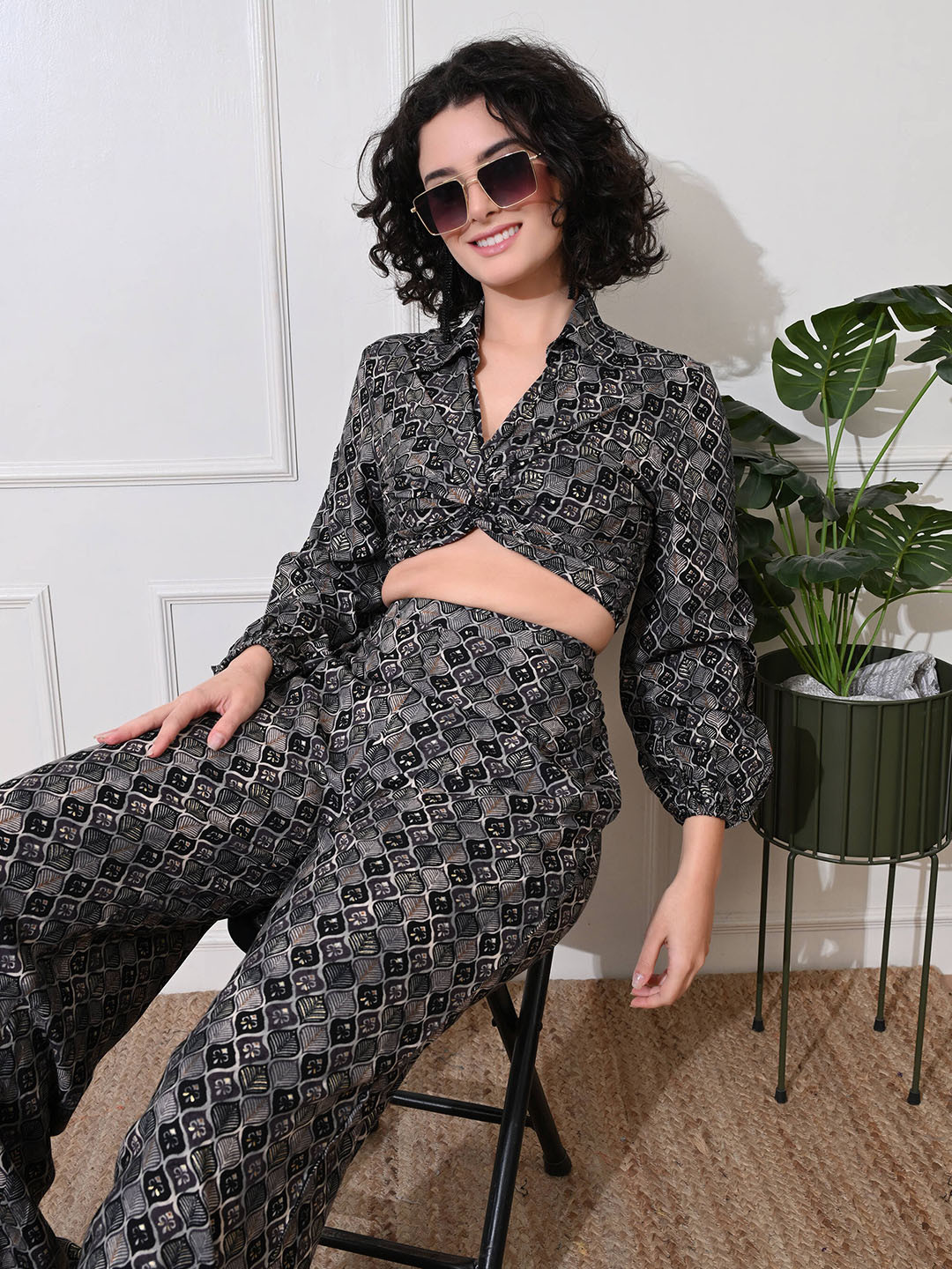 YELLOW PARROT Floral Printed Shirt Collar Top With Palazzo