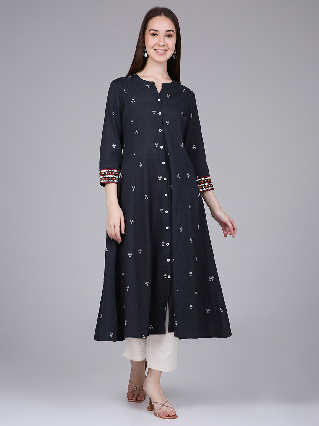 Saffron Threads High Slit Geometric Woven Design Mandarin Collar Pure Cotton A-Line Kurta