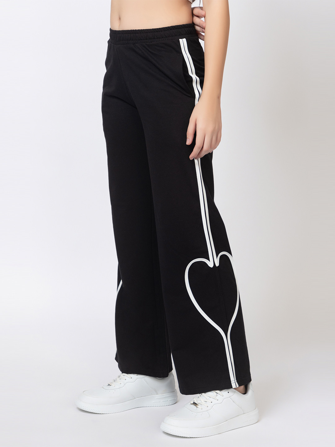 Femea Women Flared Fit Heart Stripe Wide Leg Mid Rise Track Pants