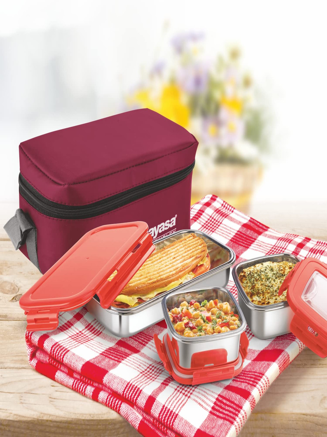 Nayasa Red Eco Duplex Stainless Steel Airtight Leakproof Lunchbox 350 ML