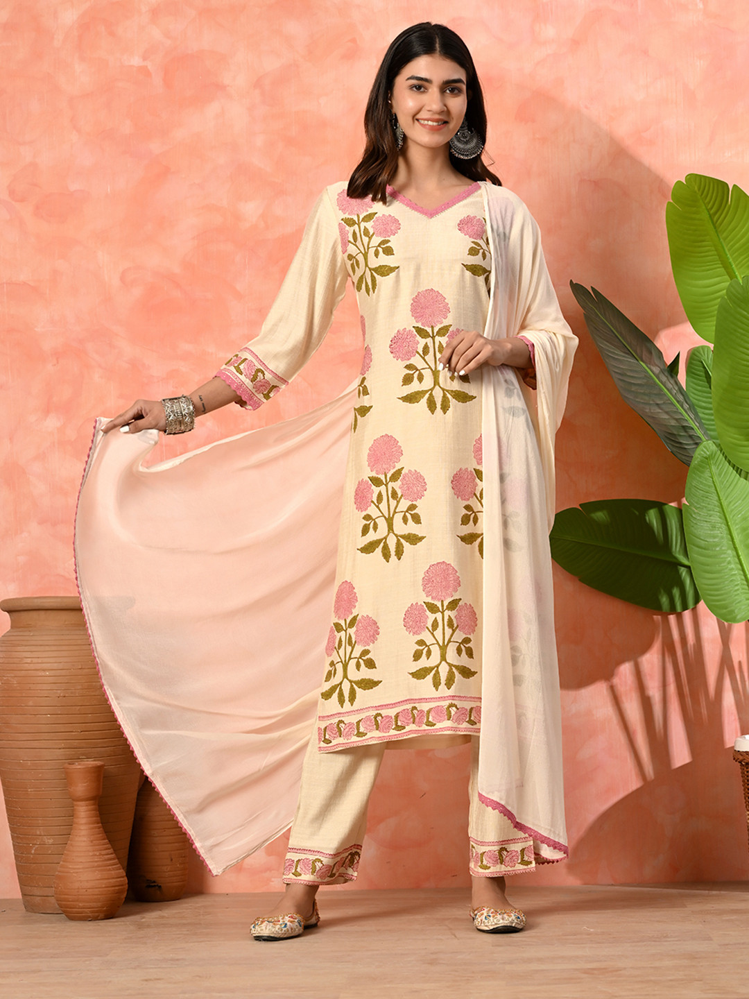 Sangria Women Cream Viscose Slub Block Printed Kurta Pant and Dupatta