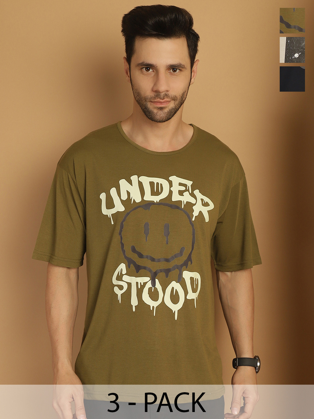 MACK JONNEY Men Pack Of 3 NASA Varsity Printed Round Neck Cotton Oversized T-shirts