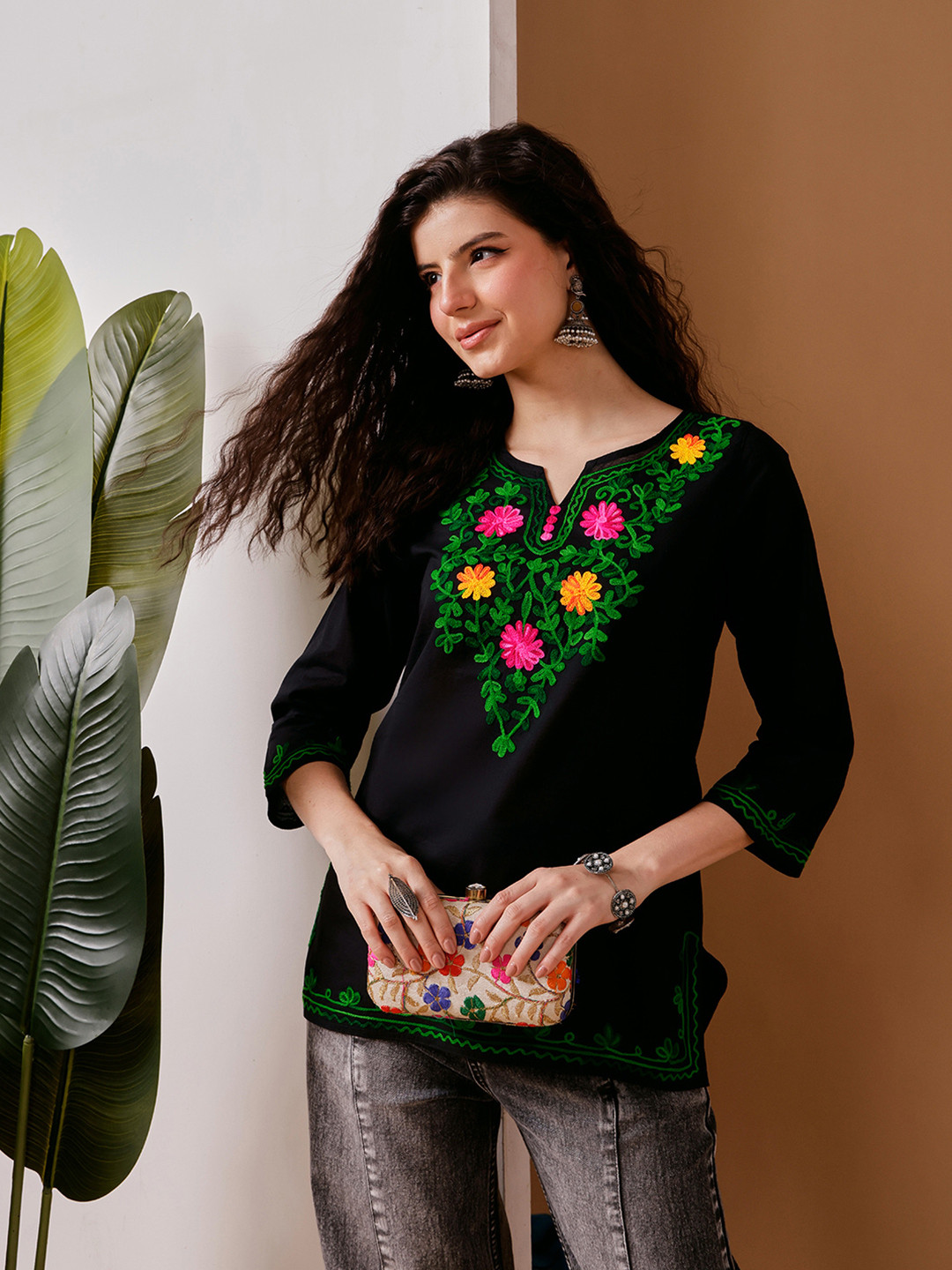 FEMBLISS Ethnic Floral Embroidered Notch Neck Pure Cotton Kurti