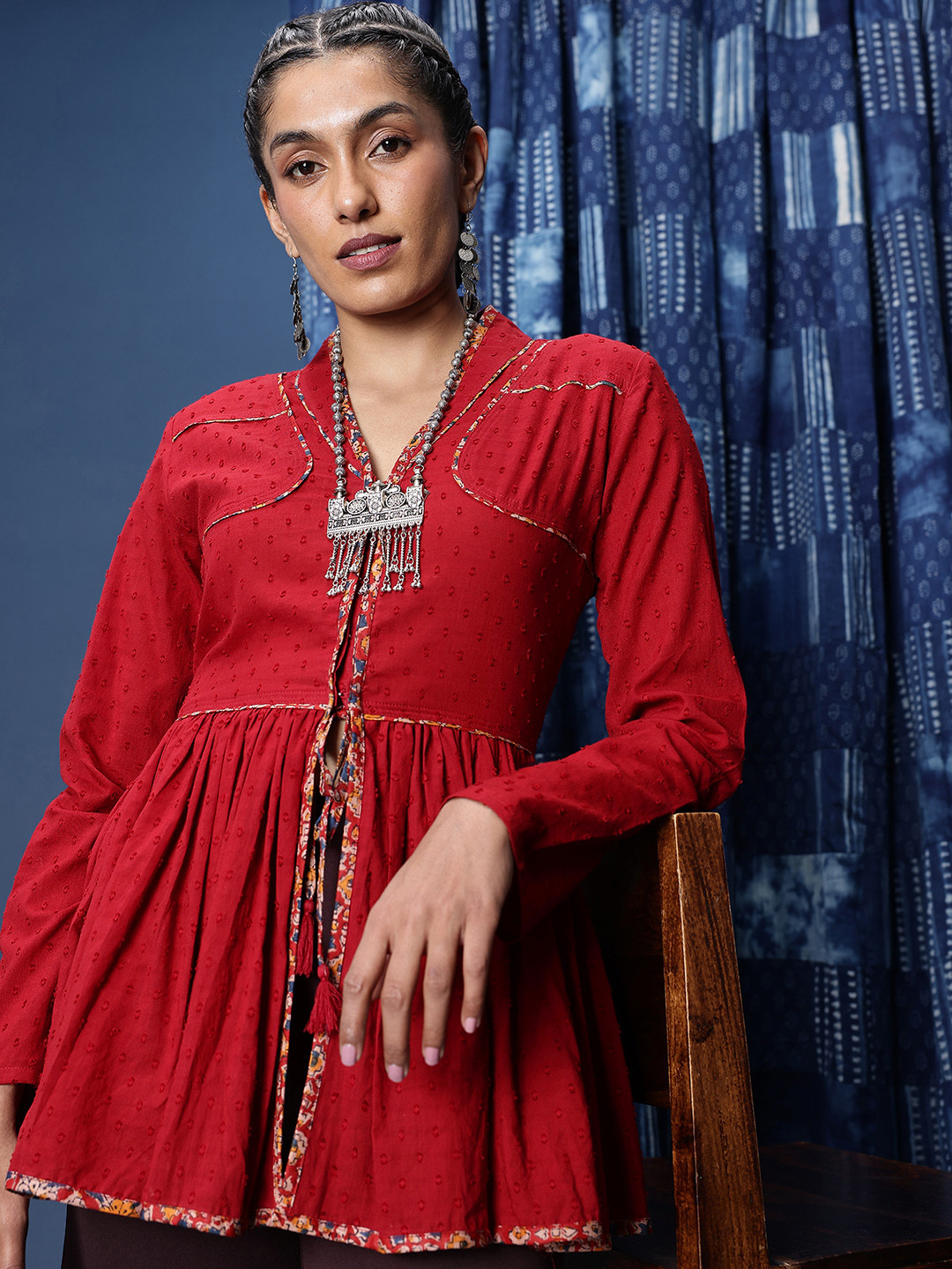 Taavi Textured Pure Cotton Longline Top with Contrast Binding