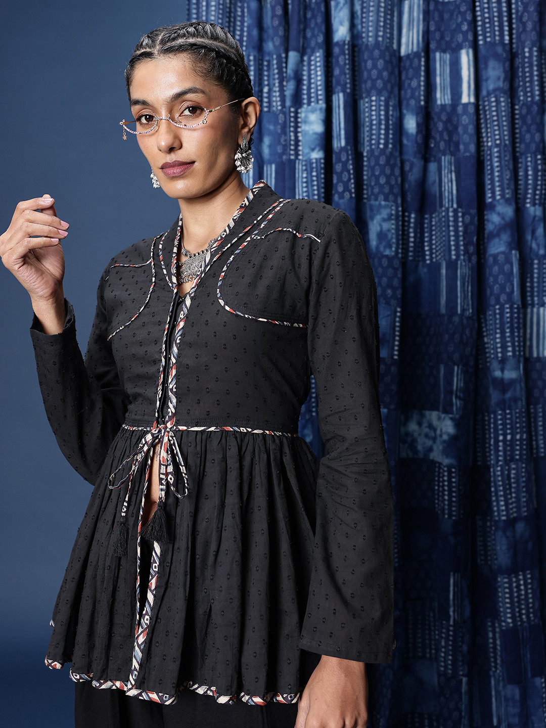 Taavi Textured Pure Cotton Longline Top with Contrast Binding