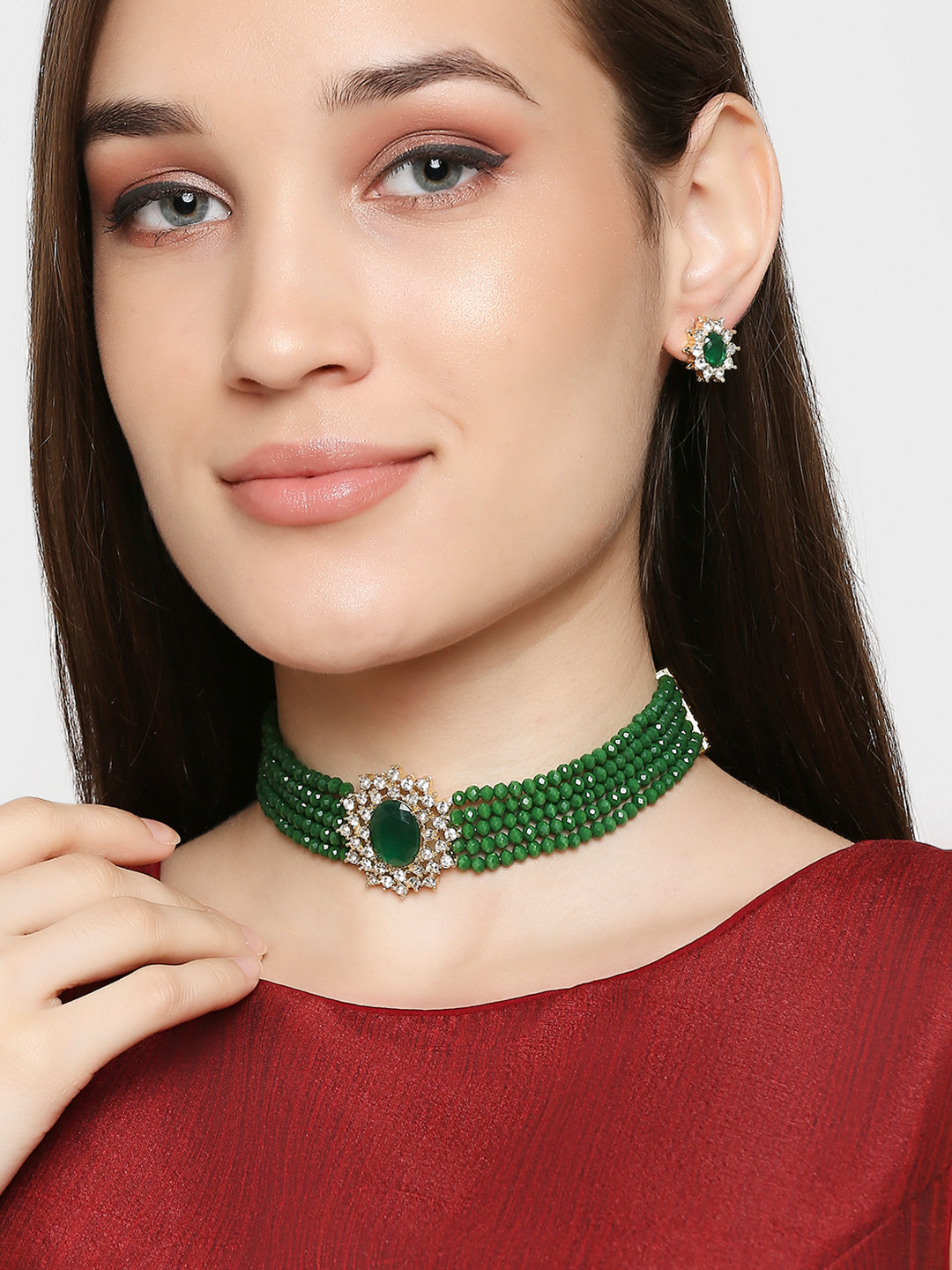 OOMPH American Daimond Studded And Beaded Jewellery Set