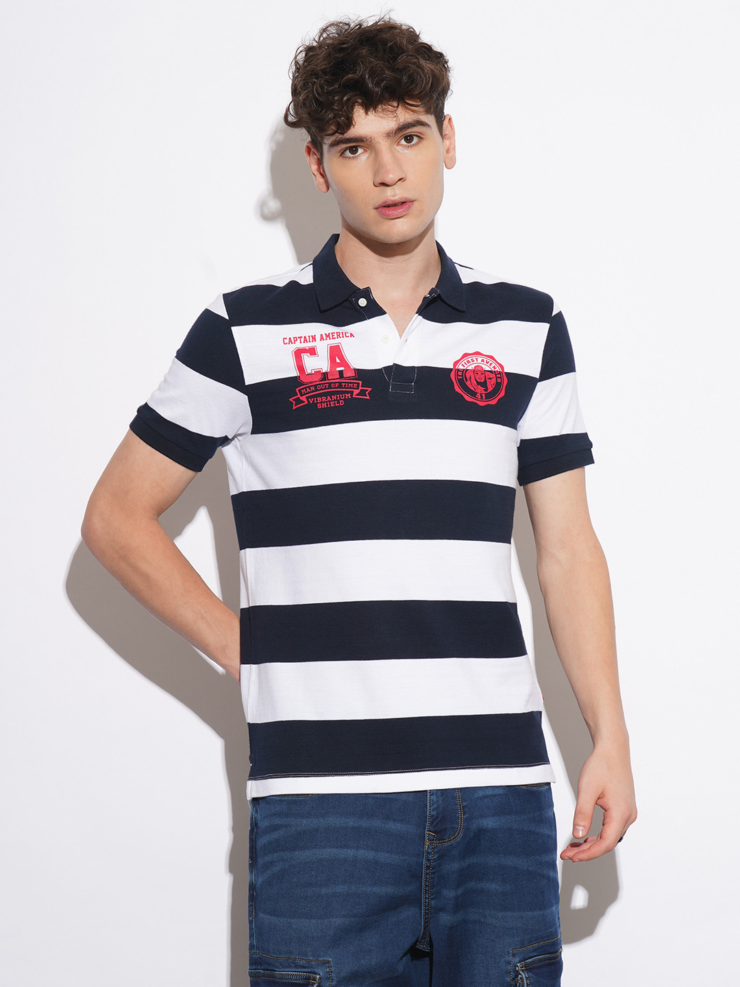 Being Human Captain America Striped Polo Collar Pure Cotton T-shirt