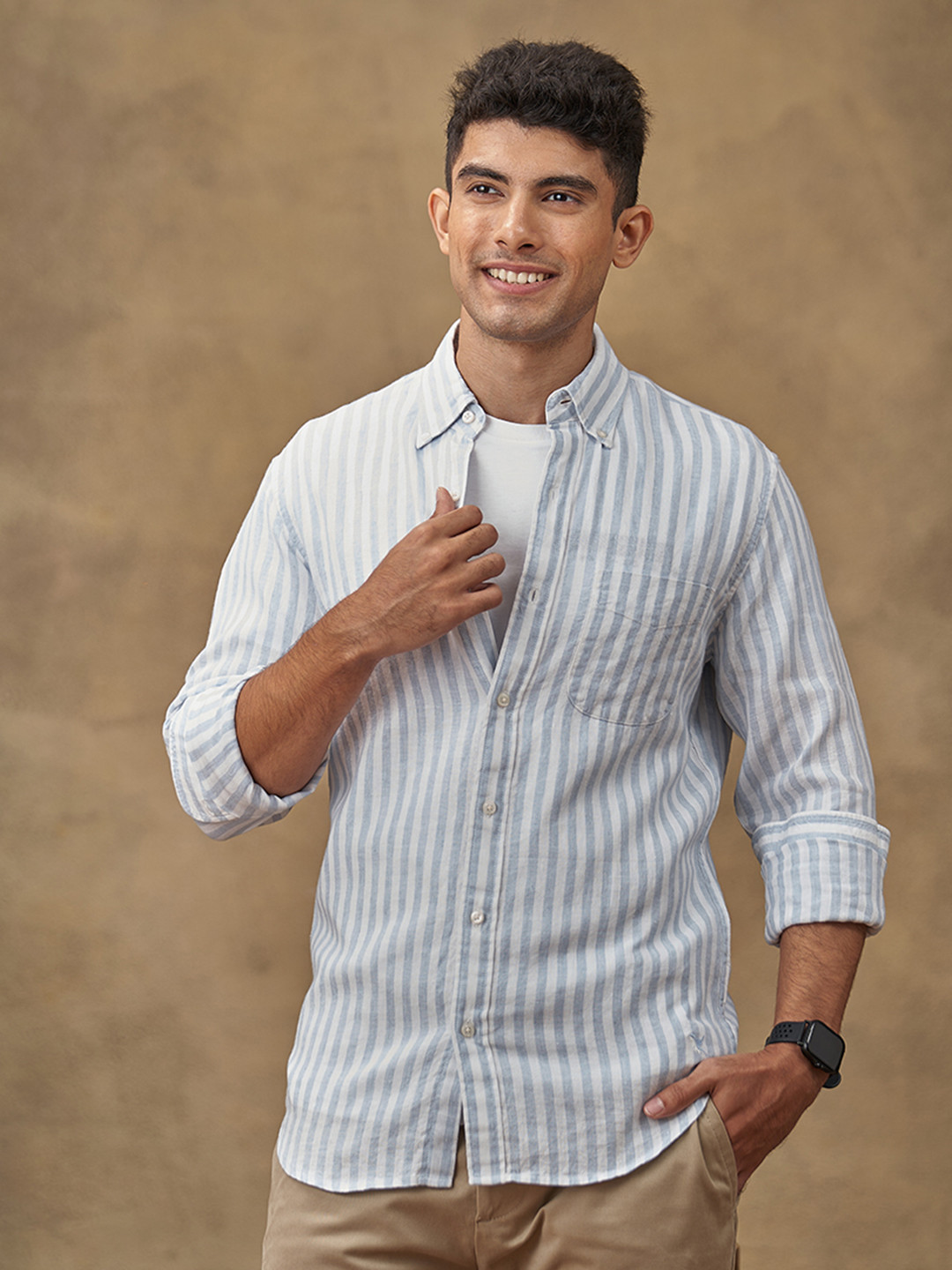 PINK SUPPLY Men Classic Fit Button-Down Collar Vertical Striped Linen Casual Shirt