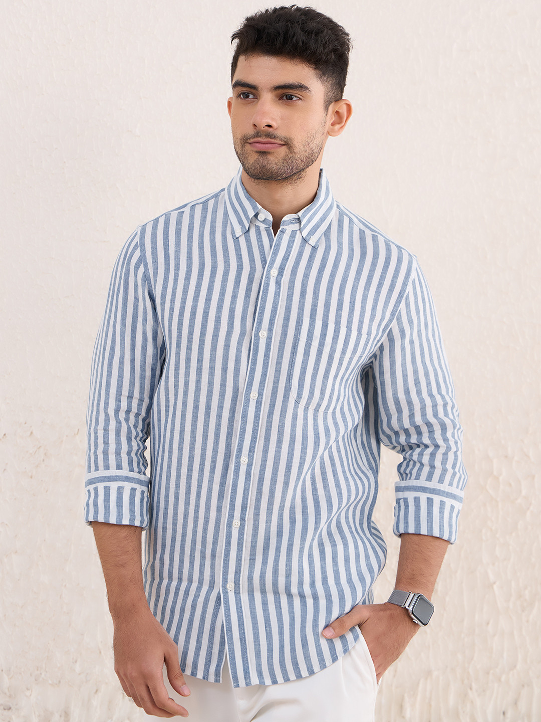 PINK SUPPLY Men Casual Pure Linen Shirt Button Down Collar