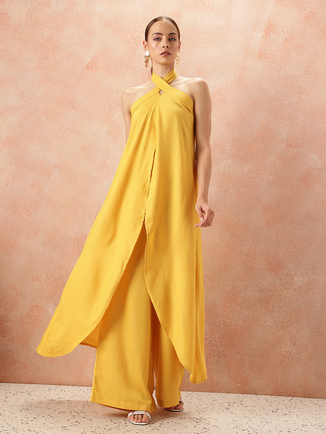 all about you High Slit Halter-Neck Longline Fusion Top with Palazzos