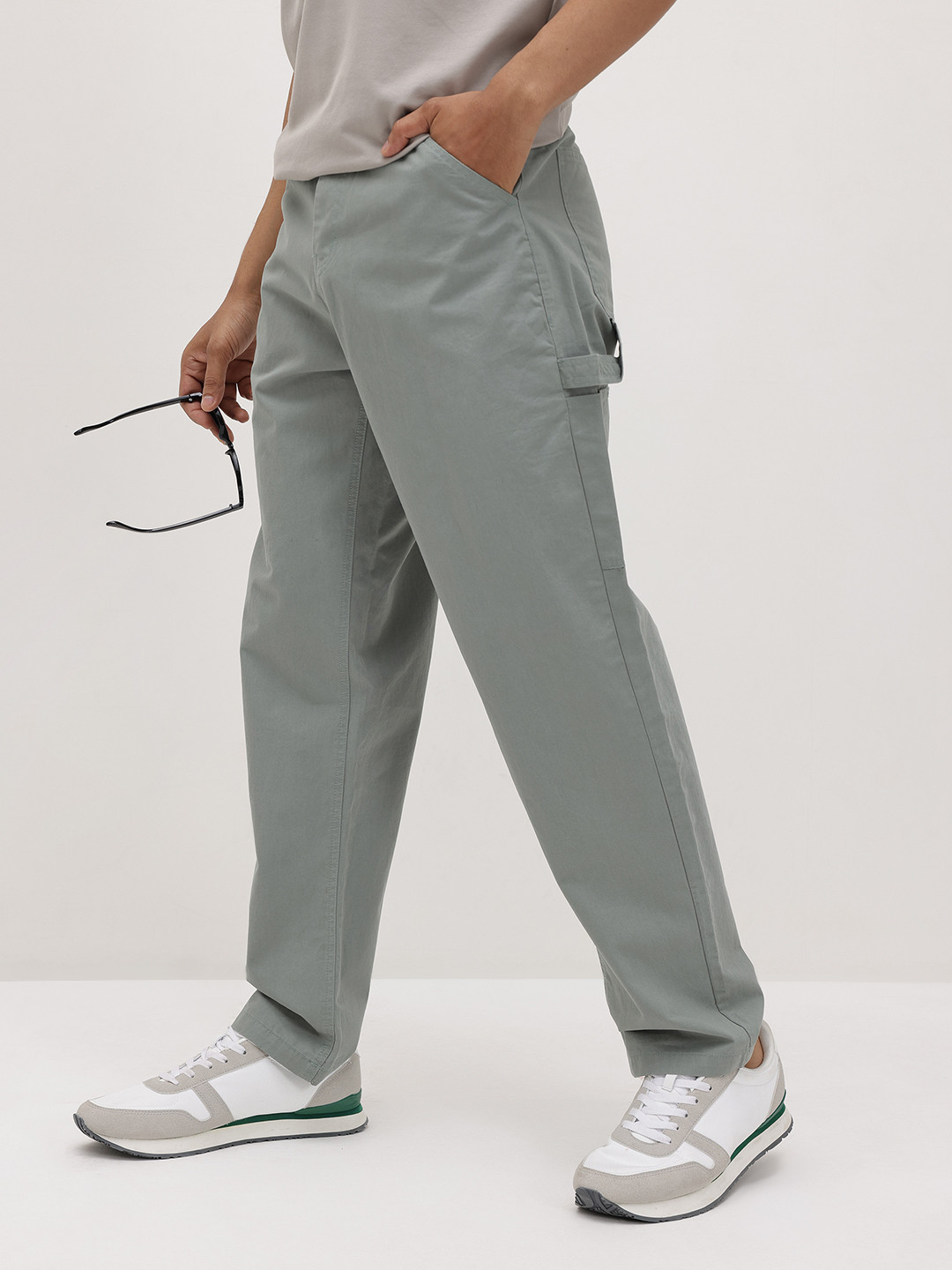 The Roadster Life Co. Men Mid-Rise Pure Cotton Straight Fit Cargo-Style Carpenter Trousers