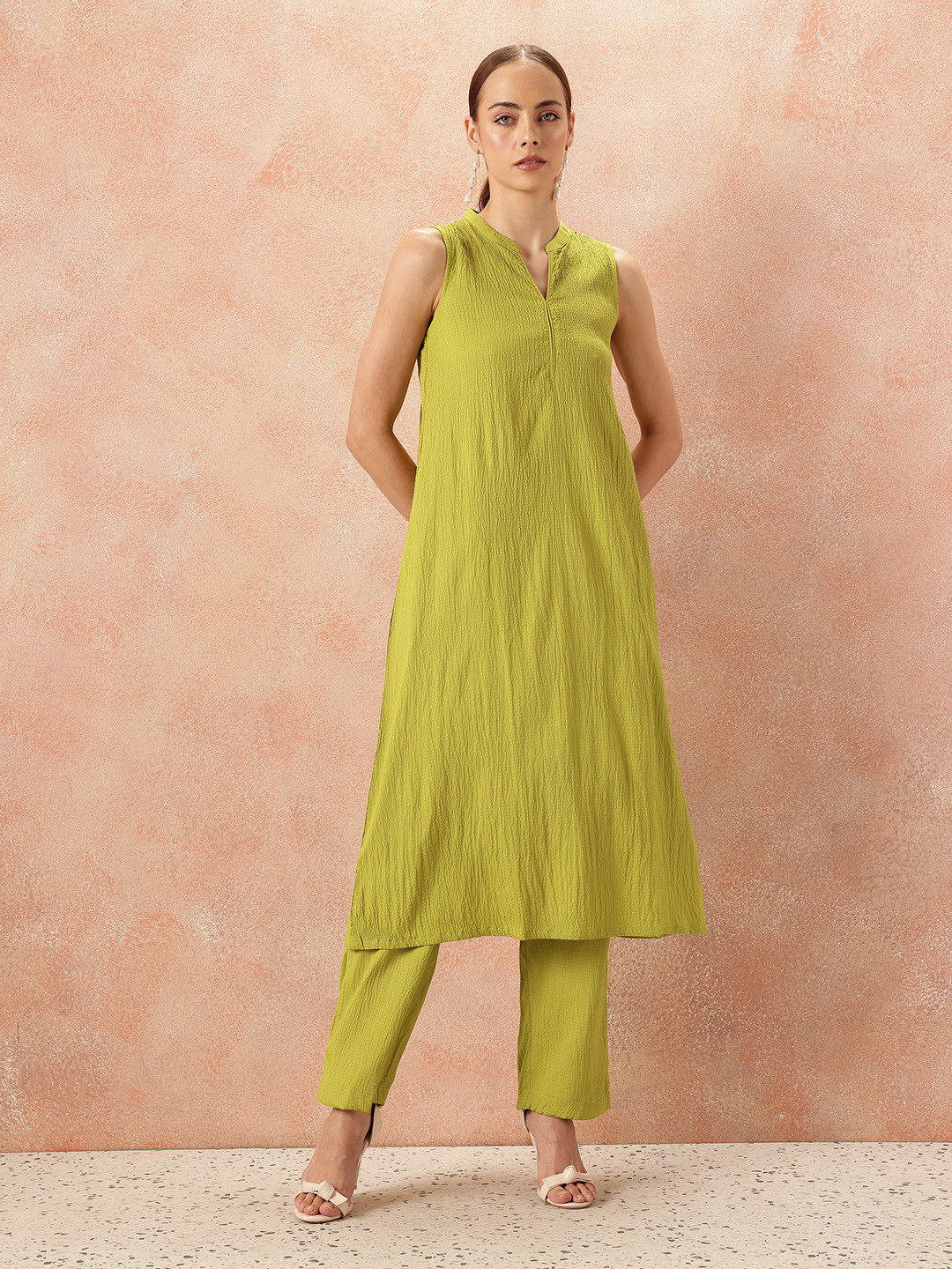 all about you Mandarin Collar Seersucker Kurta with Trousers