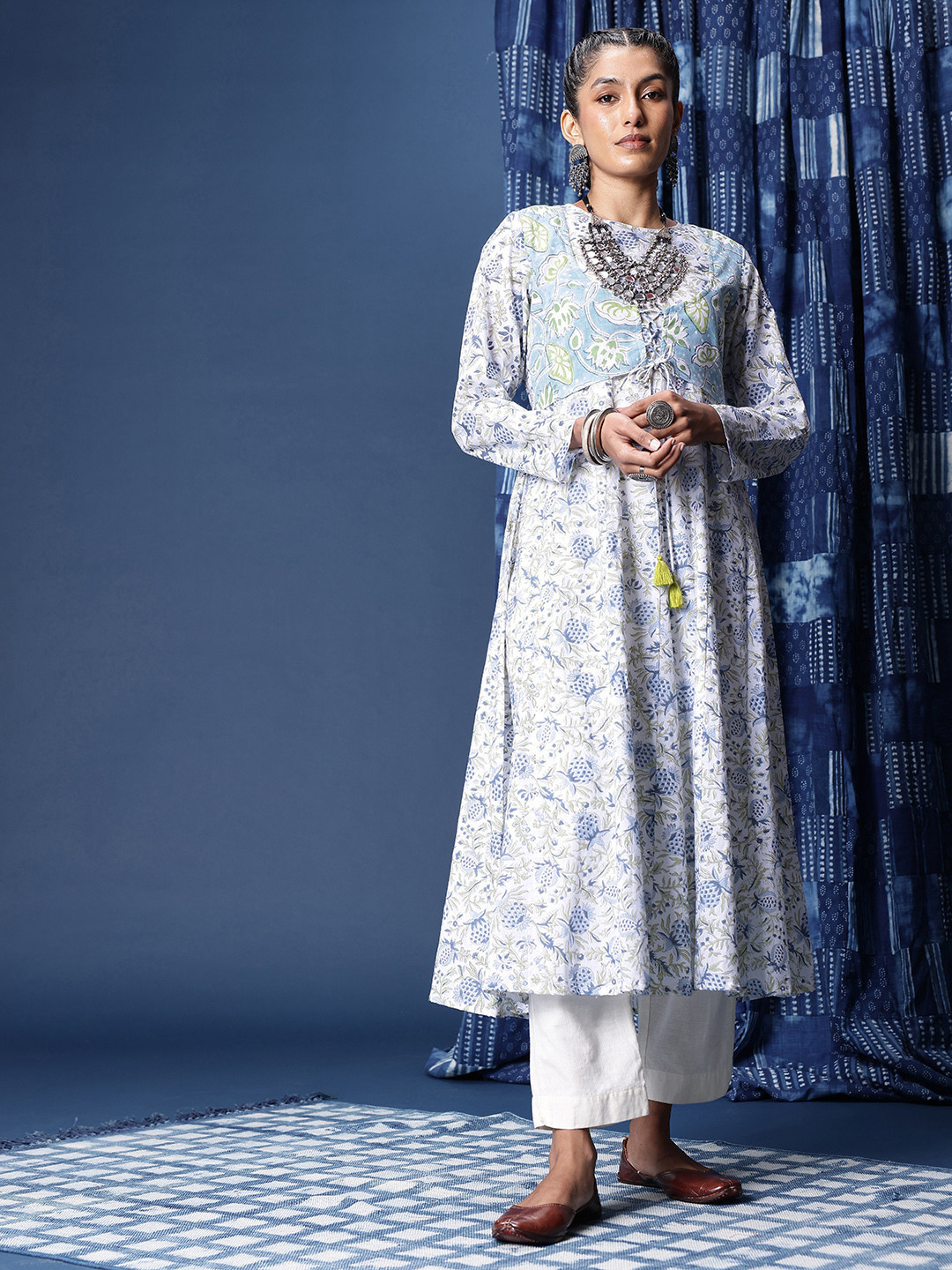 Taavi Floral Hand Block Printed Pure Cotton Anarkali Kurta with Tie-Up Detail