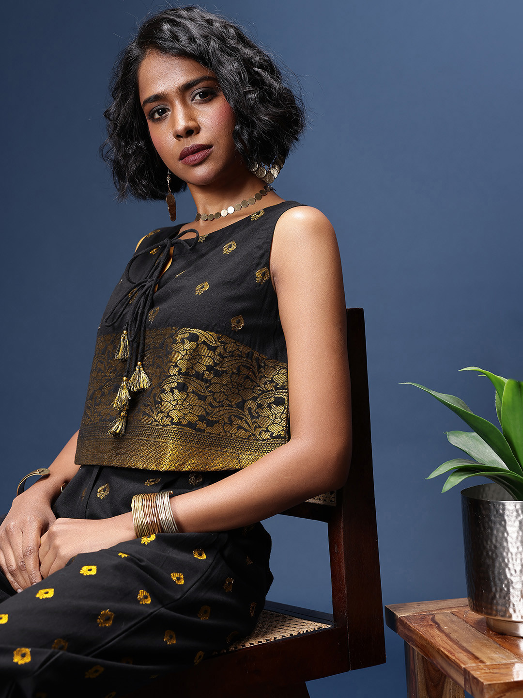 Taavi Ethnic Motifs Woven Design Tie-Up Neck Woven Legacy Co-Ords