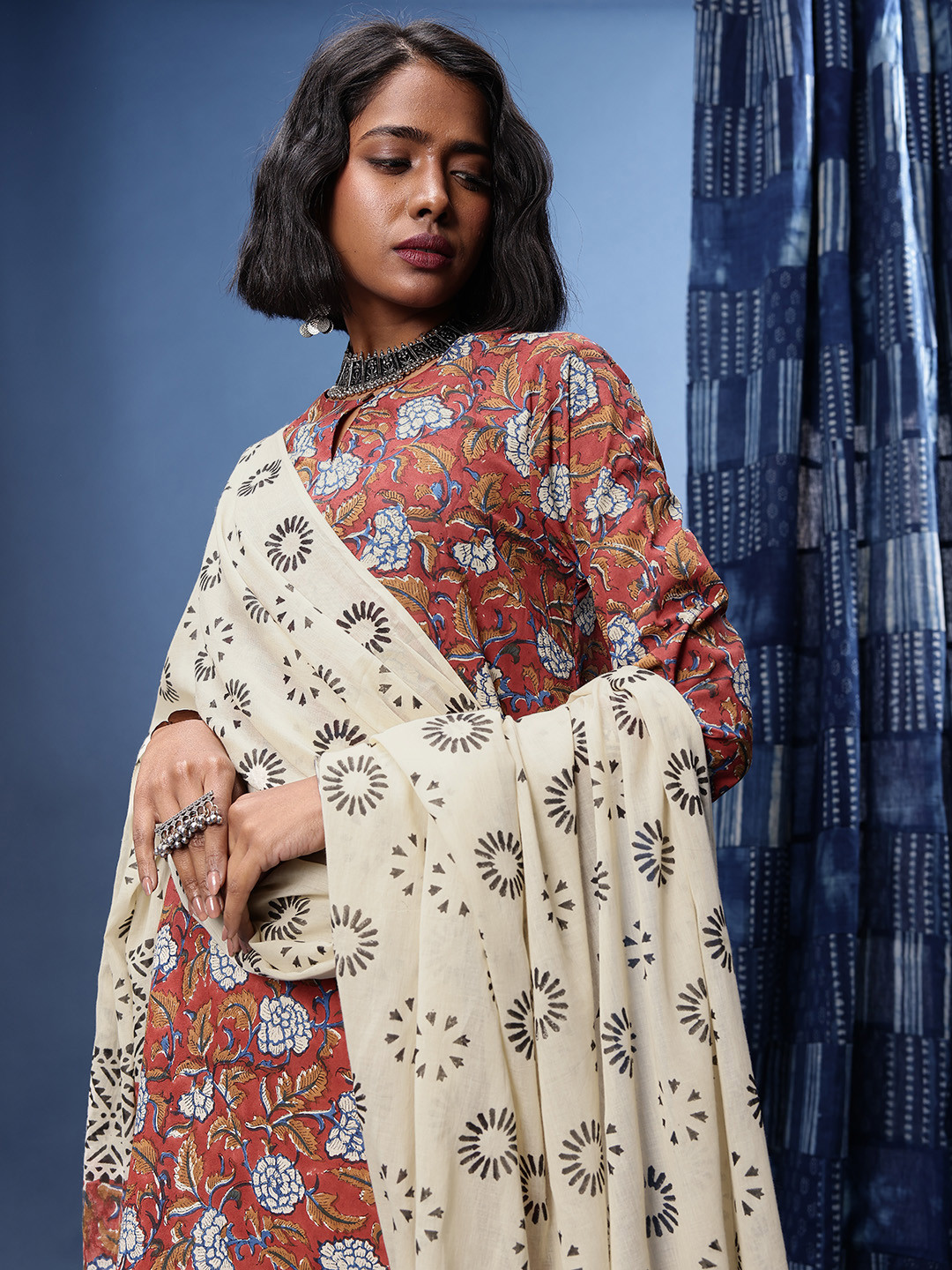 Taavi Indie Floral Block Printed Keyhole Neck Straight Bagru Kurta with Trousers & Dupatta