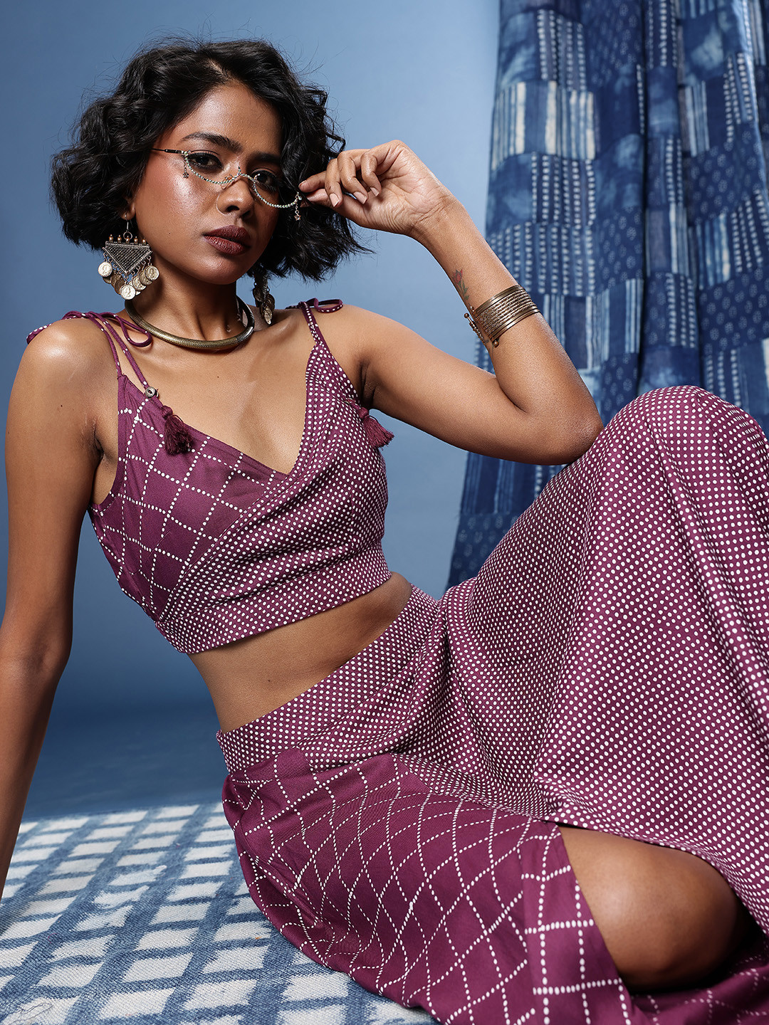 Taavi Polka Dots Printed Shoulder Straps High-Slit Bindu Crafted Top with Skirt