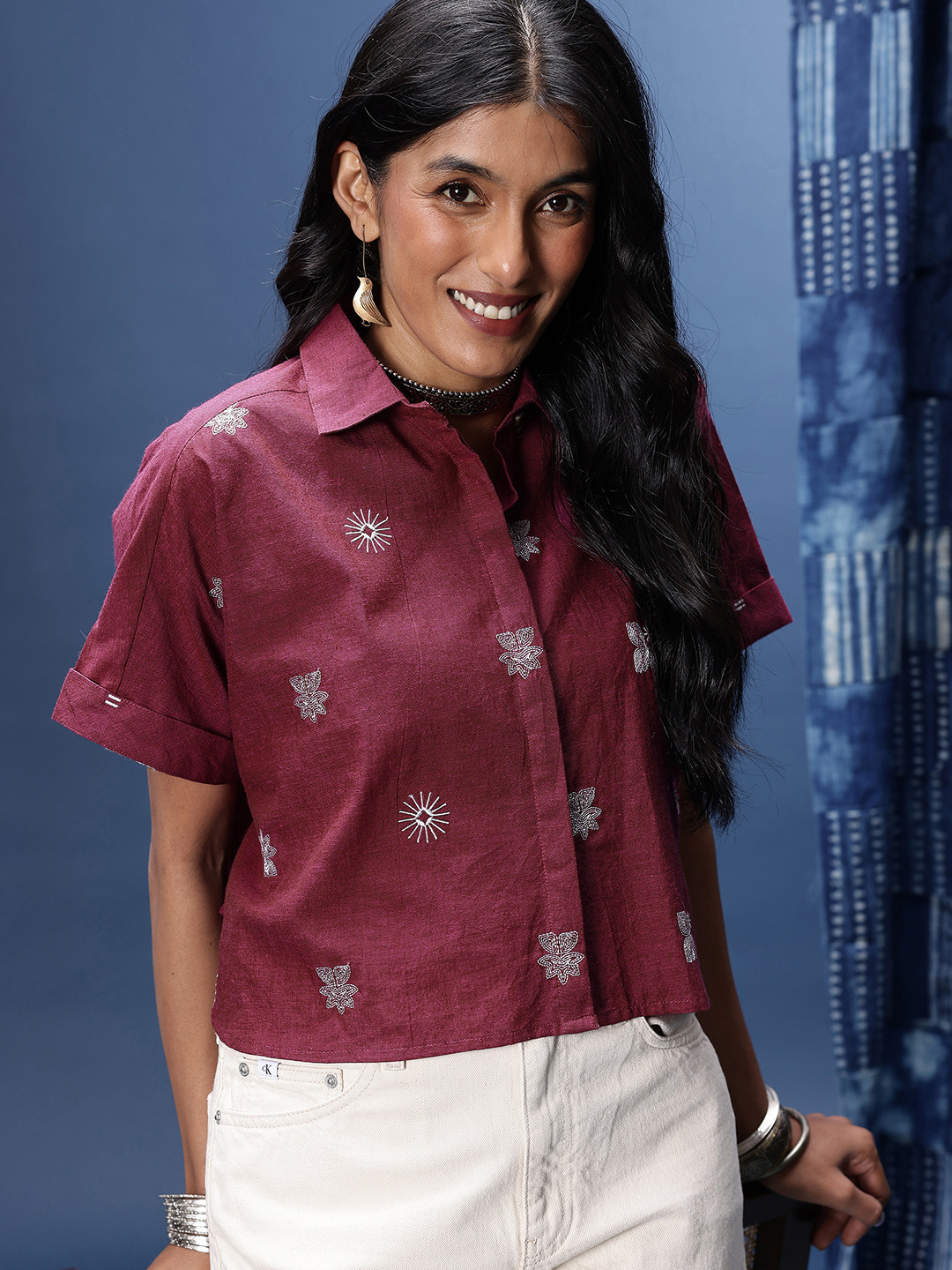 Taavi Pure Cotton Floral Embroidered Extended Sleeves Woven Legacy Casual Shirt