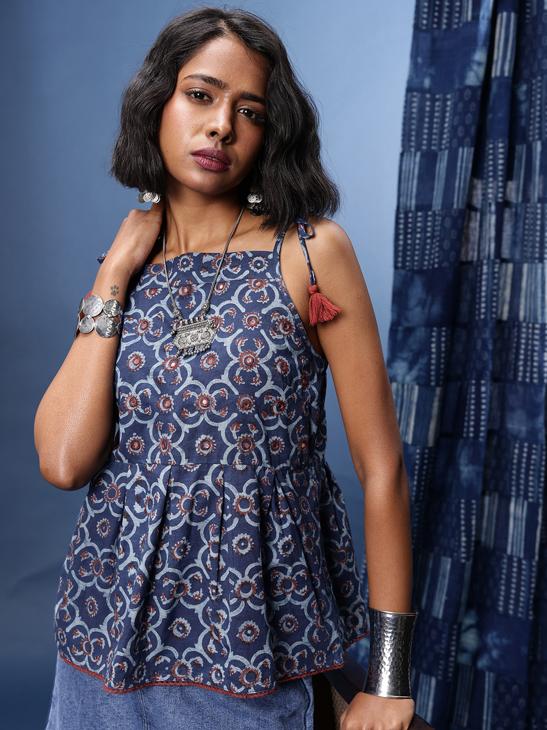 Taavi Hand Block Print Legacy Printed Shoulder Straps Pleated Pure Cotton Peplum Top