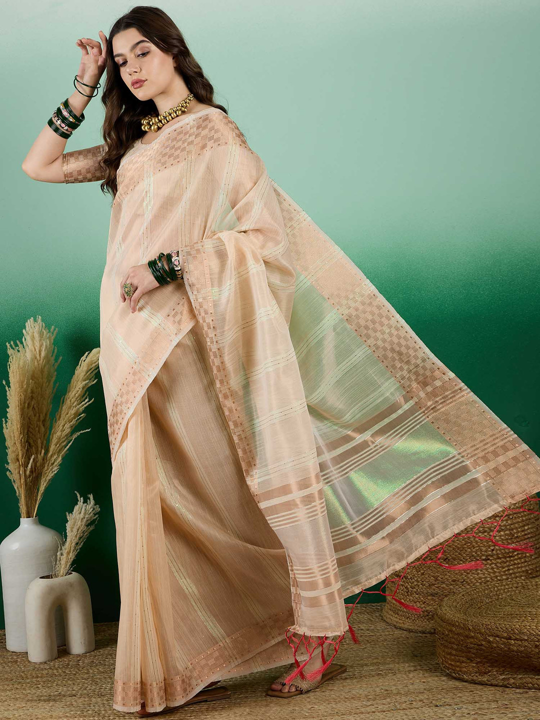 DEVATITHI Beige Khadi Organza Saree