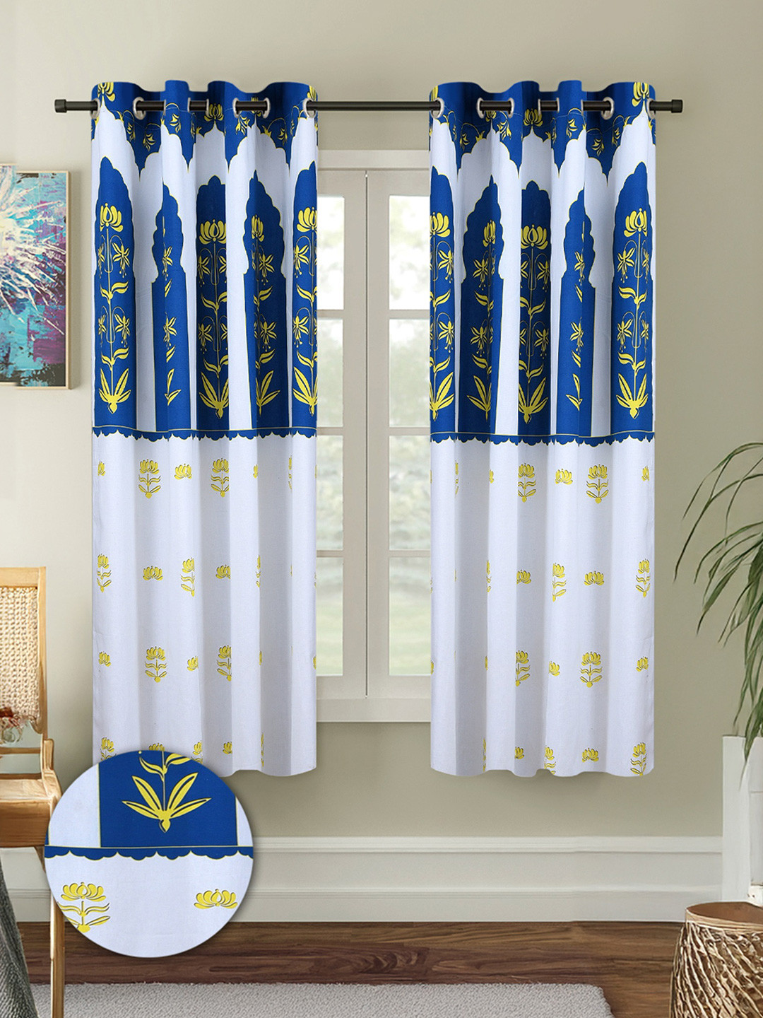 Cortina Turquoise Blue & White 2 Pieces Floral Printed Cotton Window Curtains