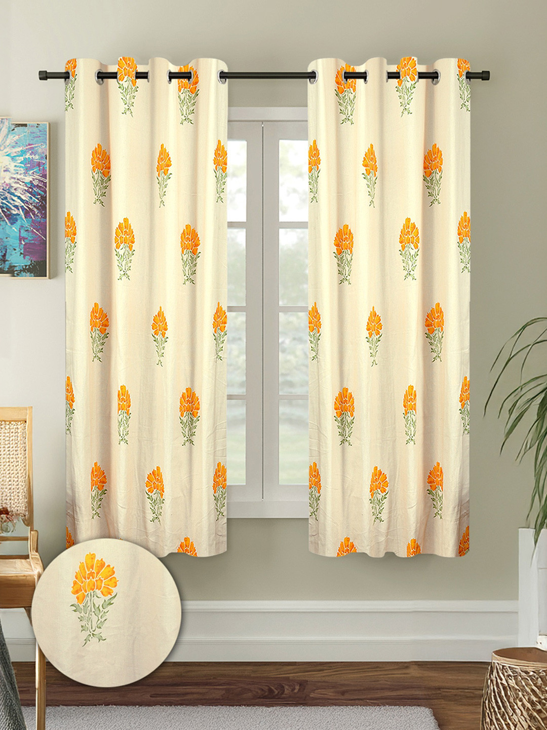 Cortina Cream-Coloured & Orange Colored 2 Pieces Floral Printed Cotton Window Curtains