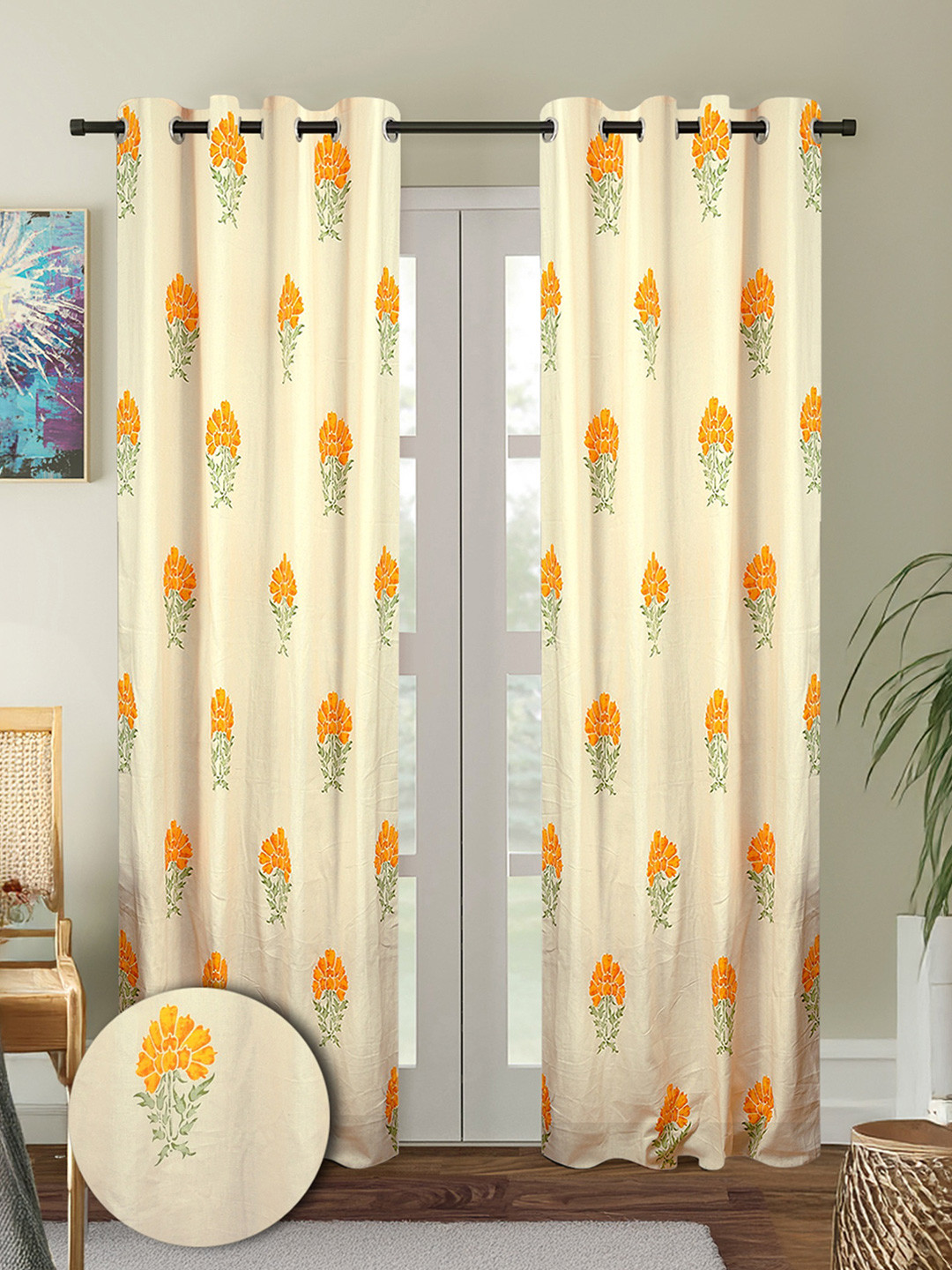 Cortina Cream-Coloured & Orange 2 Pieces Floral Printed Cotton Long Door Curtains