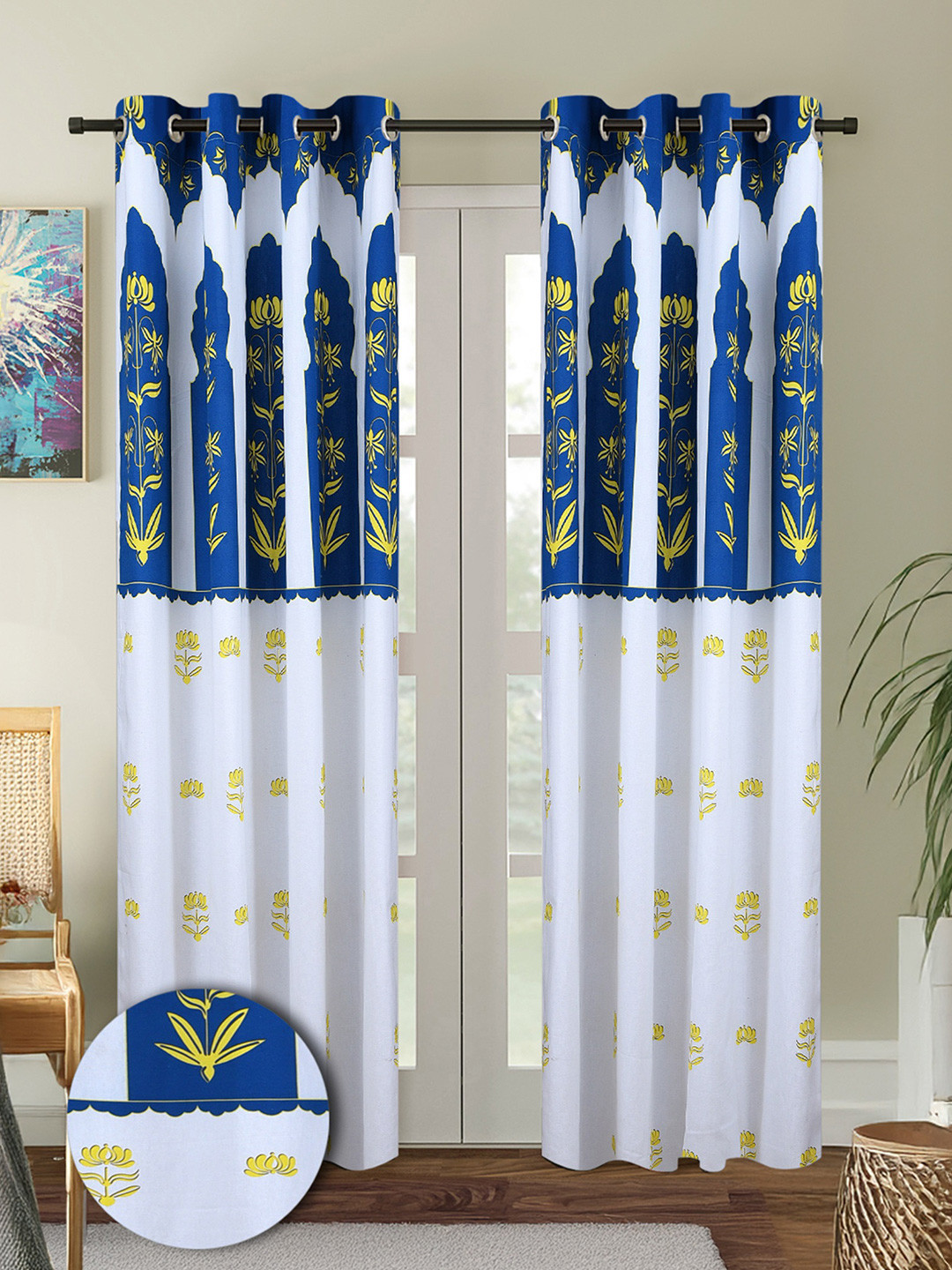 Cortina Turquoise Blue & White 2 Pieces Floral Printed Cotton Door Curtains