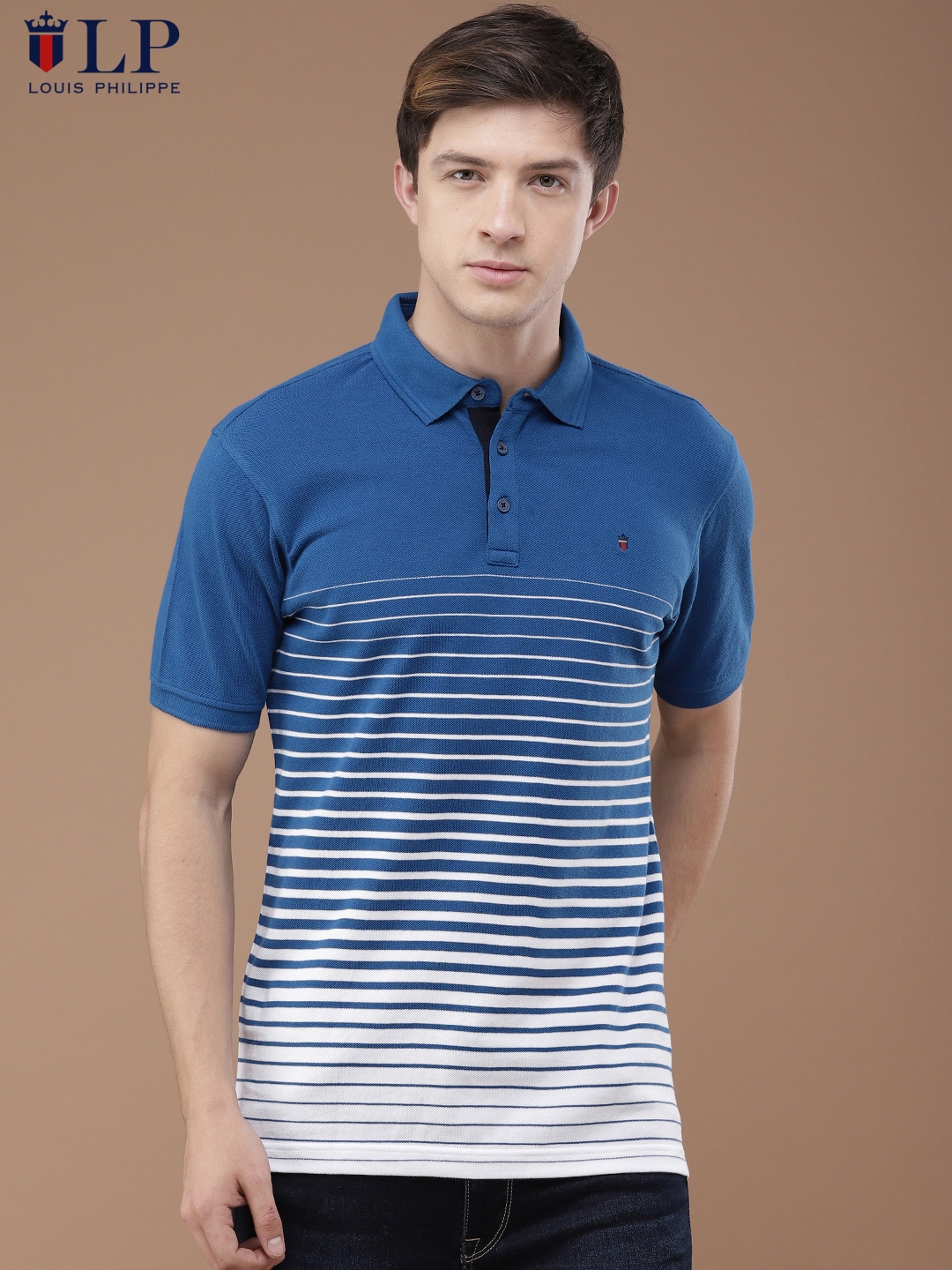 Buy Louis Philippe Men Blue Striped Polo Collar T Shirt - Tshirts