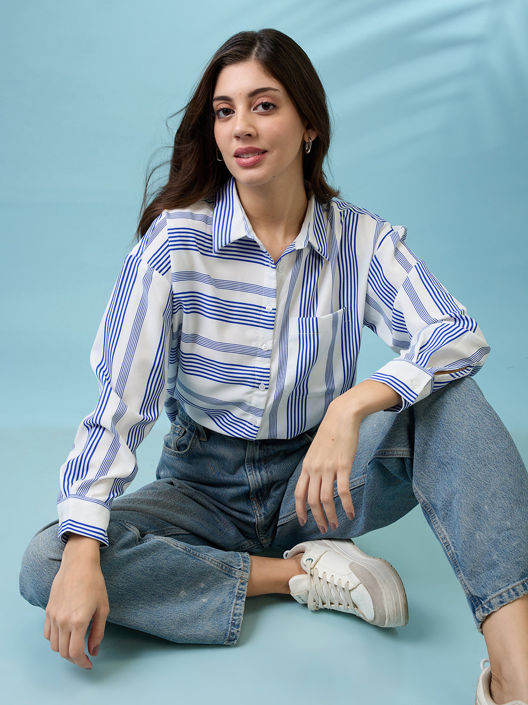 Globus Collared Neck Cuffed Sleeves Striped Pattern Shirt Style Work Wear Top