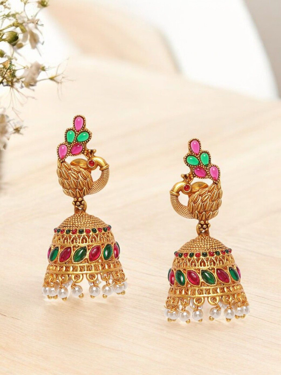 Anouk Gold-Plated Artificial Stones Studded Dome Shapped Jhumkas