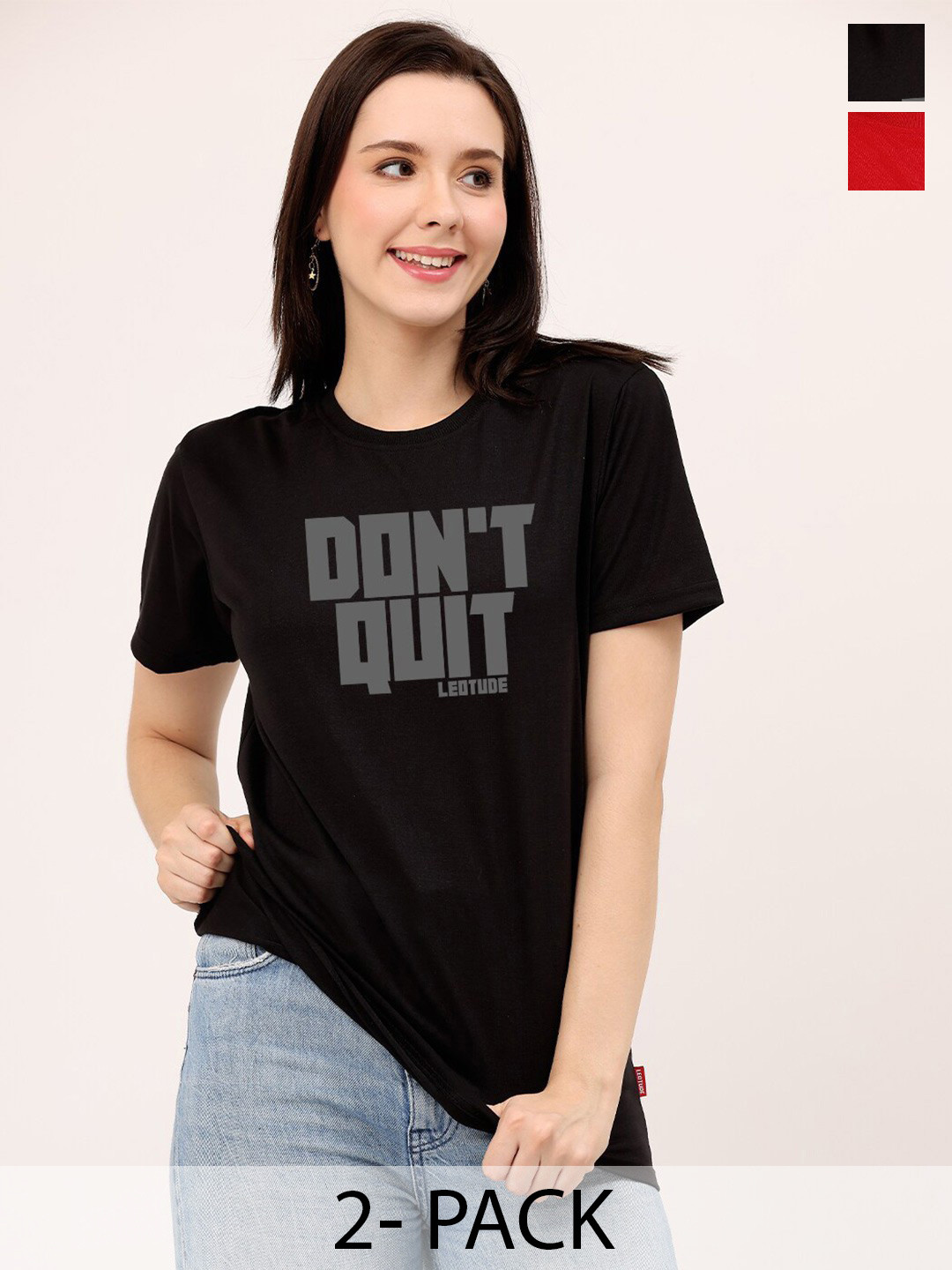 Leotude Women Pack Of 2 Quilted Designed Typographic Round Neck Cotton T-shirts