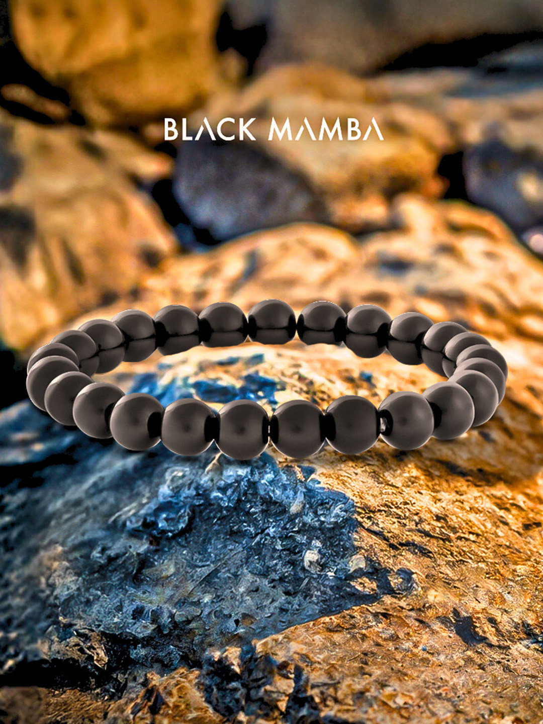 BLACK MAMBA Unisex Black Obsidian Natural Stones Studded Stretchable Bracelet
