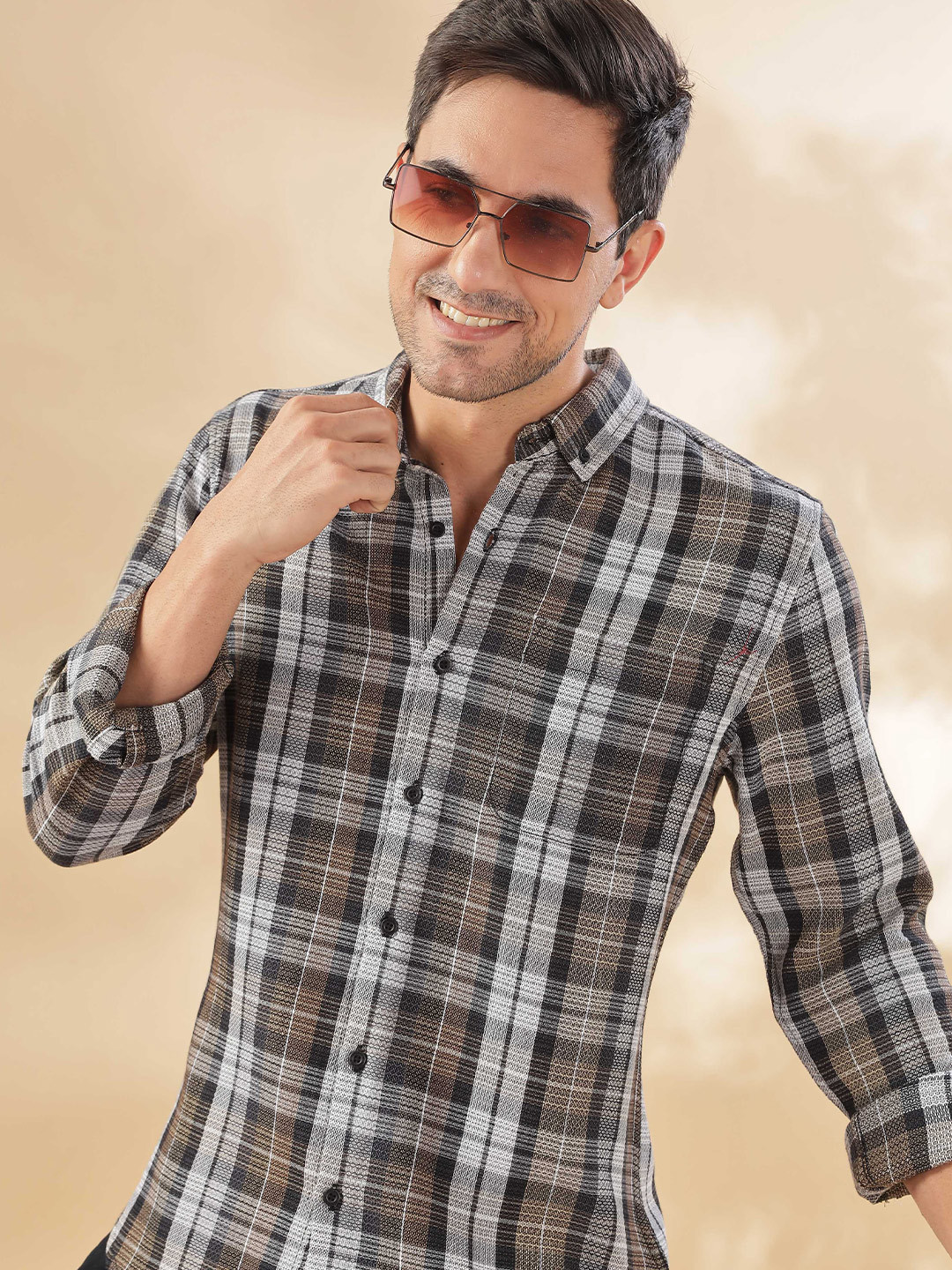 HERE&NOW Men Button-Down Collar Tartan Checked Cotton Casual Shirt