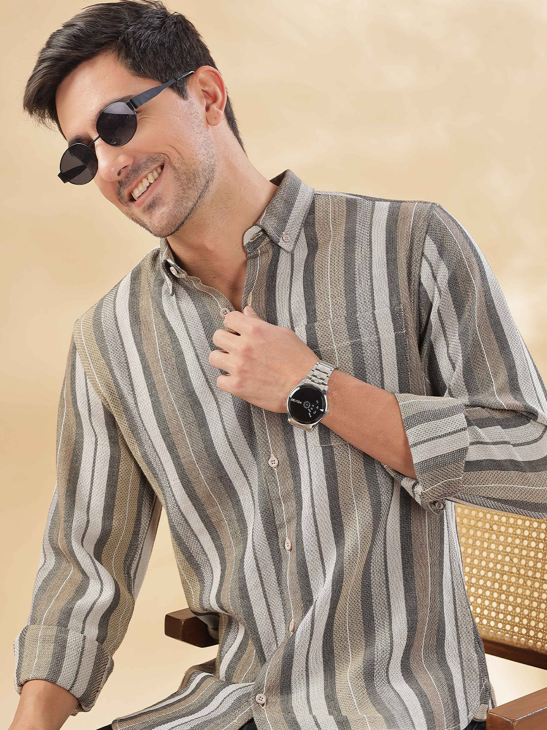 HERE&NOW Men Button-Down Collar Vertical Striped Cotton Casual Shirt
