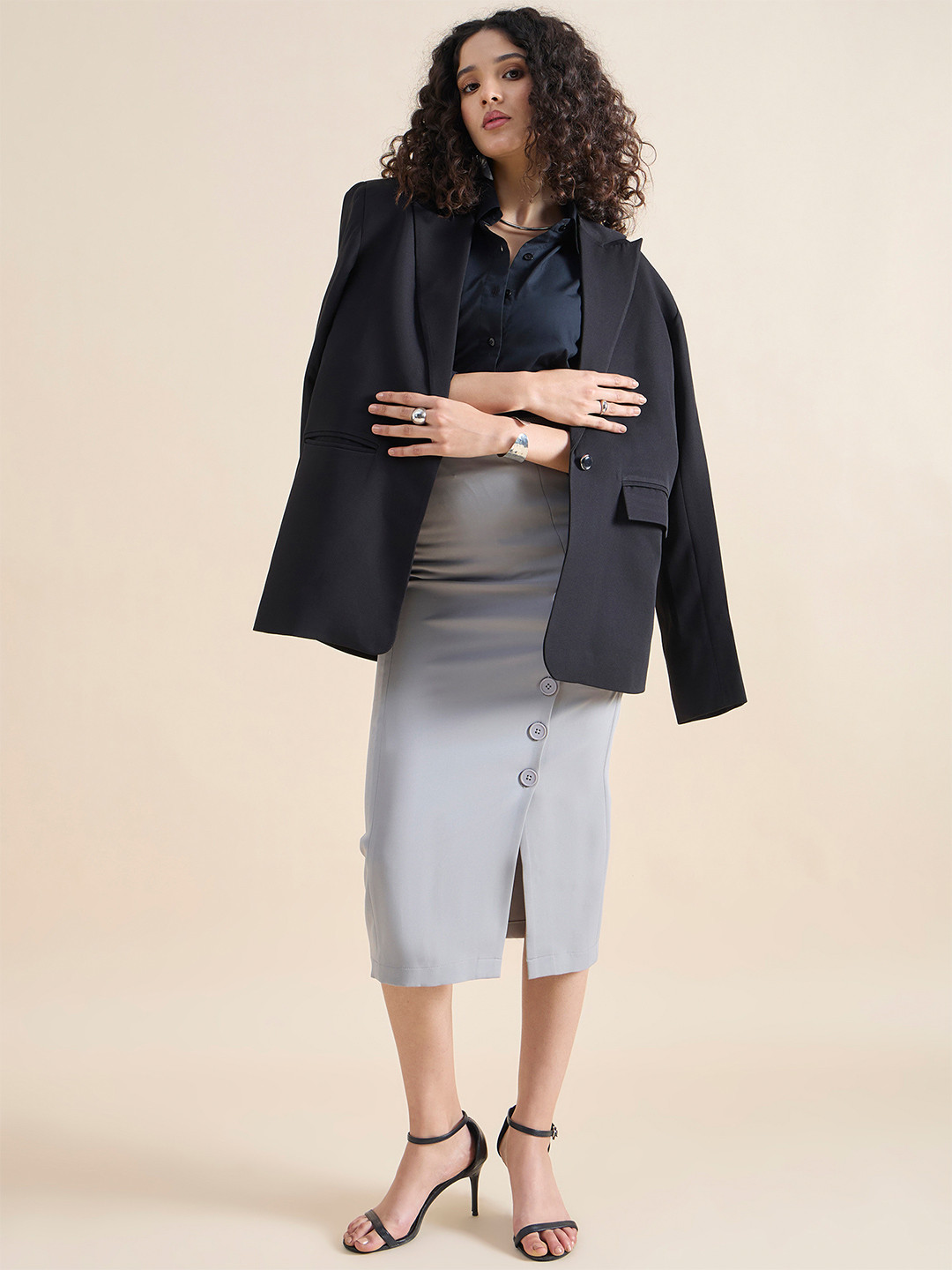 PowerSutra Straight Fit Stretch Longline Button Detail Grey Skirt
