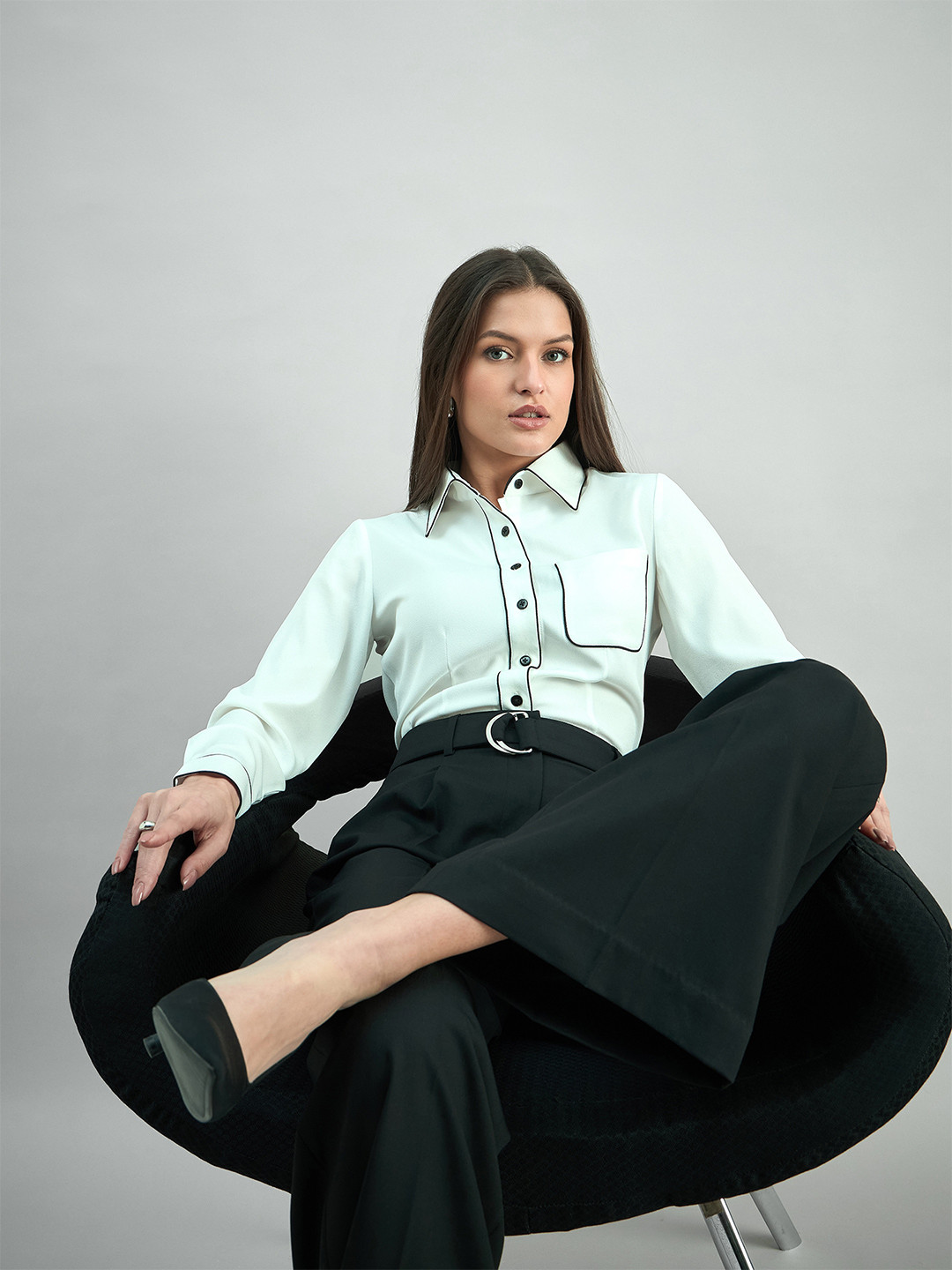 PowerSutra Women High Waist Belted Black Trouser In 4-Way Stretch