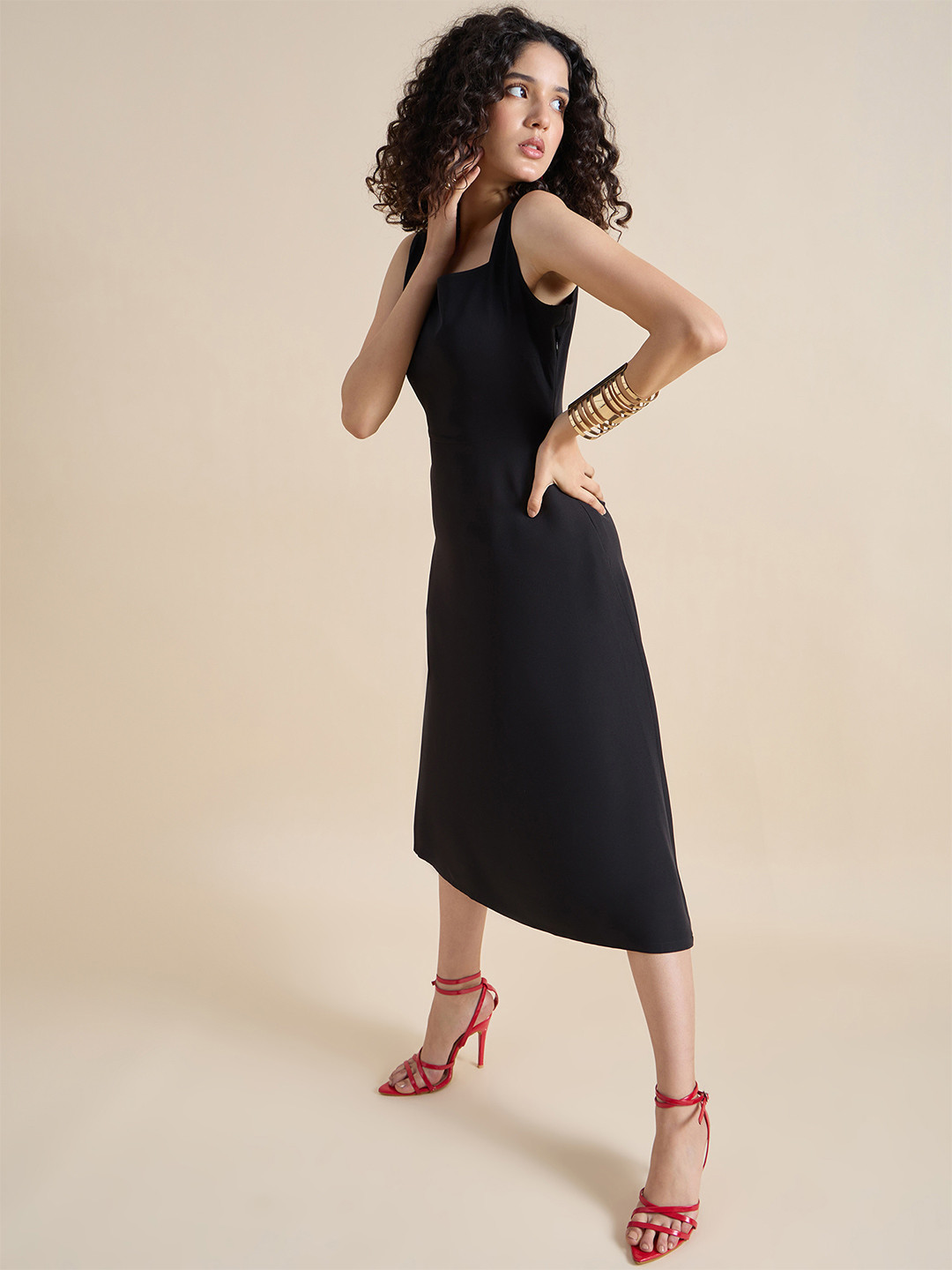 PowerSutra Classic square-neck sleeveless fit & flare midi dress In Stretch