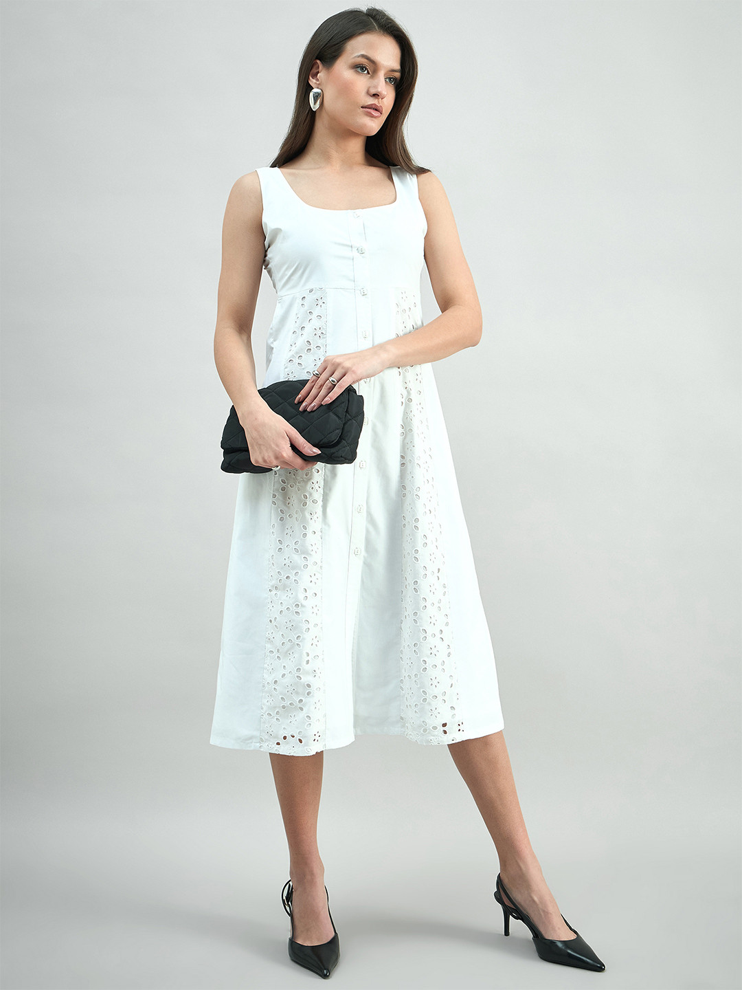PowerSutra Elegant White Sleeveless Patchwork Panel In Cotton Schiffli