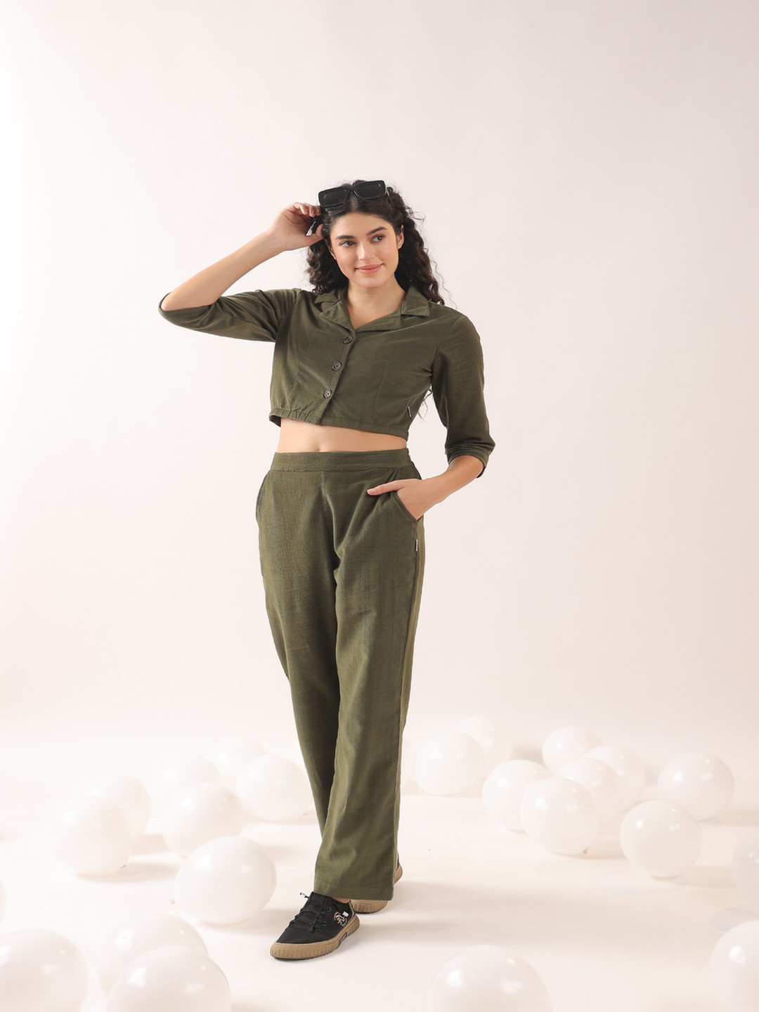 JISORA Women's Green Solid Cotton Co-ord Set
