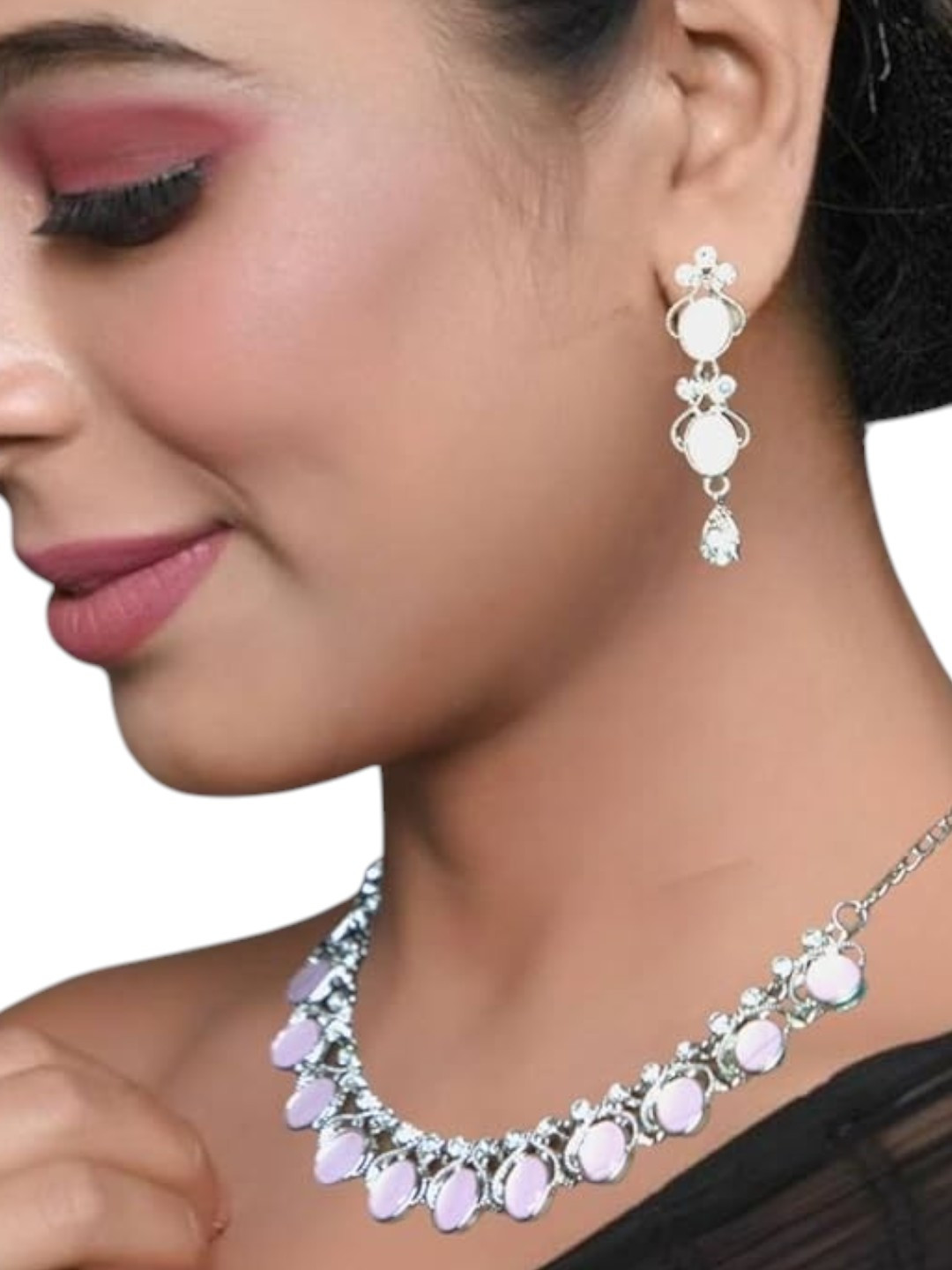 Anouk Silver Plated And Lavender Rhinestone Studded Necklace And Earrings