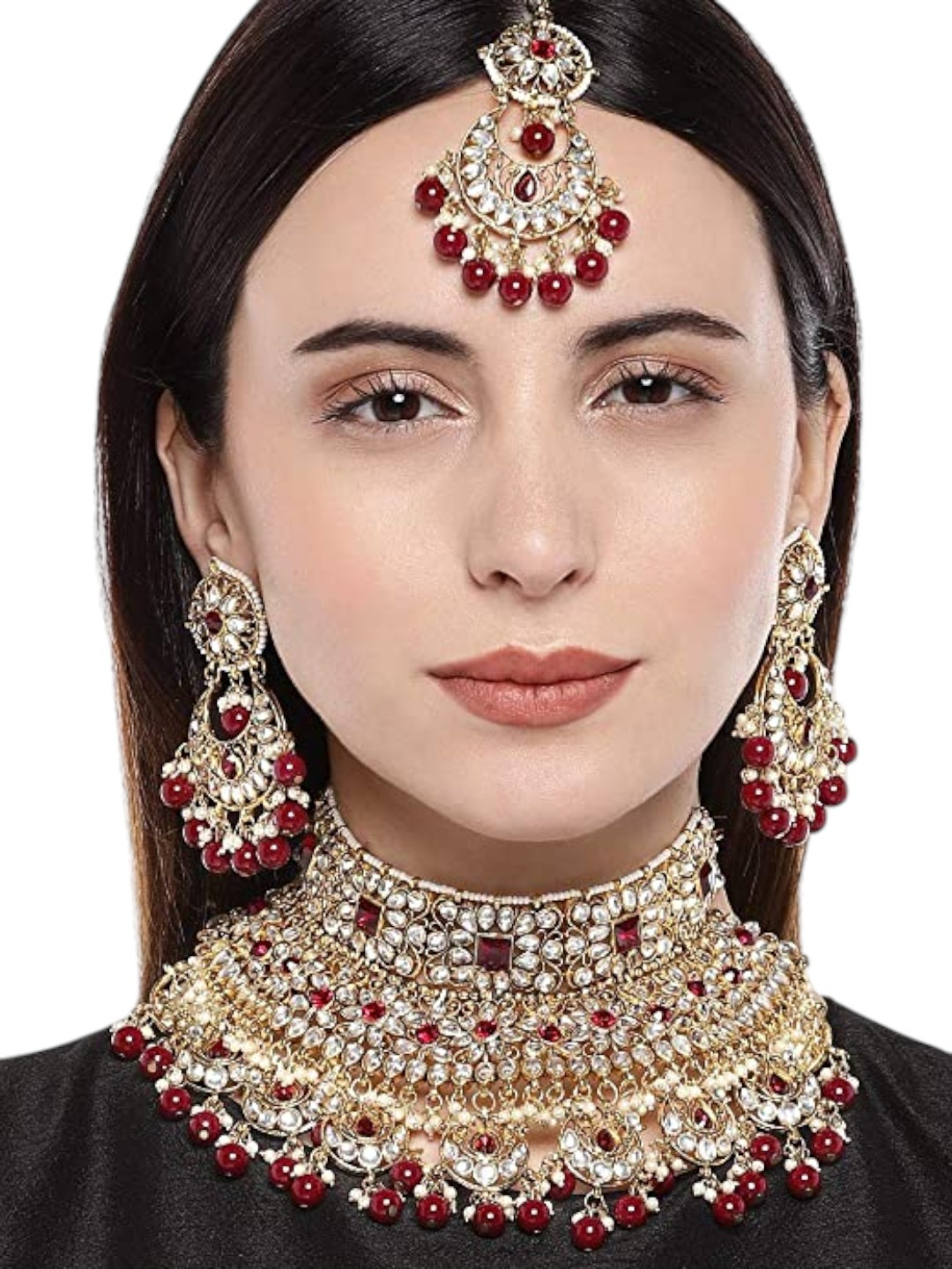 Anouk Gold-Plated And Red Kundan Studded And Beaded Necklace With Earrings And Maang Tikka